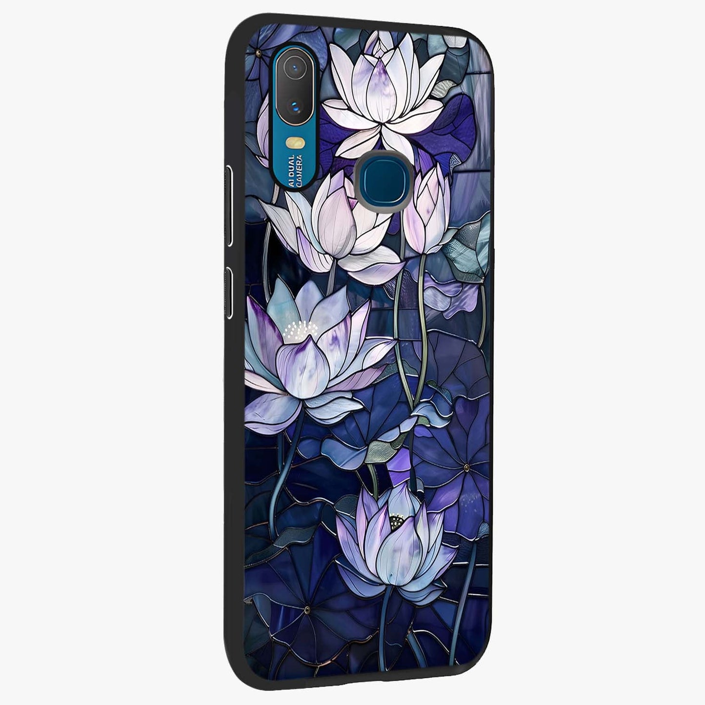 Gloss Petal Rush Glass Case upright view showcasing dynamic floral petal artwork with modern botanical theme.