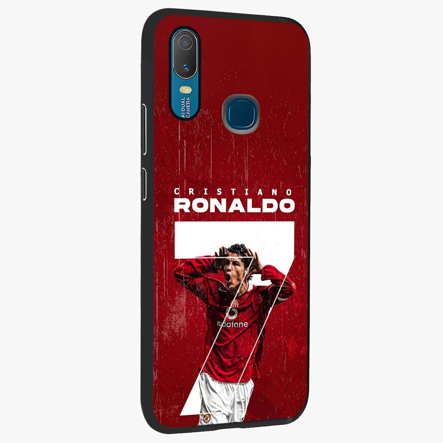 Goal Celebration Legacy Glass Case upright view showcasing dynamic football inspired artwork with victory celebration aesthetic.