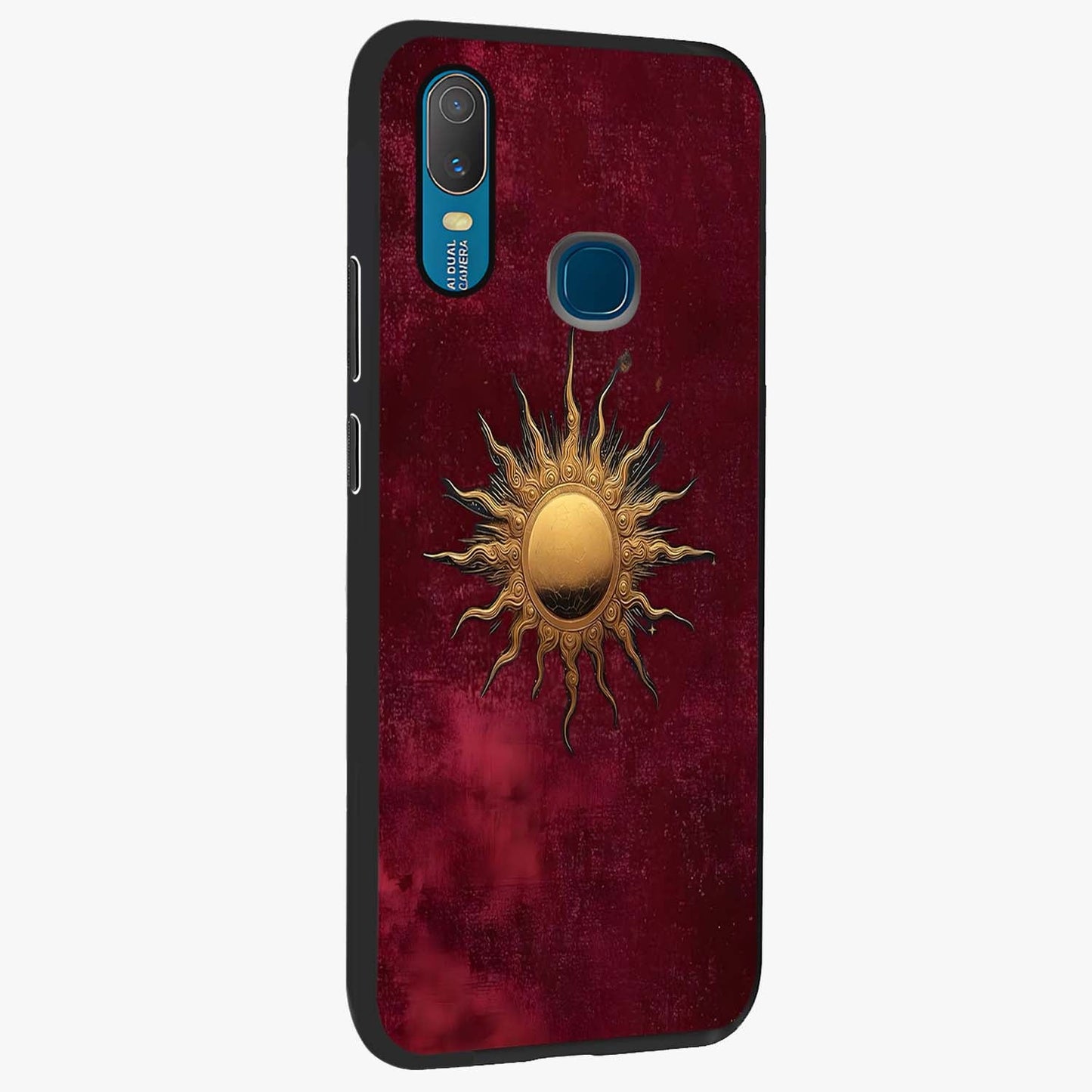 Golden Sun Minimalism Glass Case upright view showcasing simple golden sun artwork with elegant minimalist style.