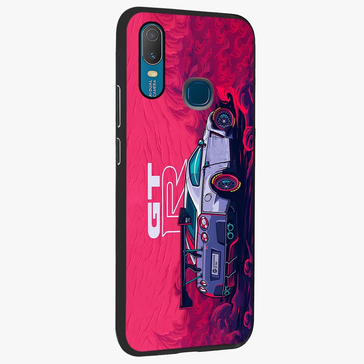 GT-R Car Pattern Glass Case upright view showcasing dynamic car pattern artwork with modern sports theme.