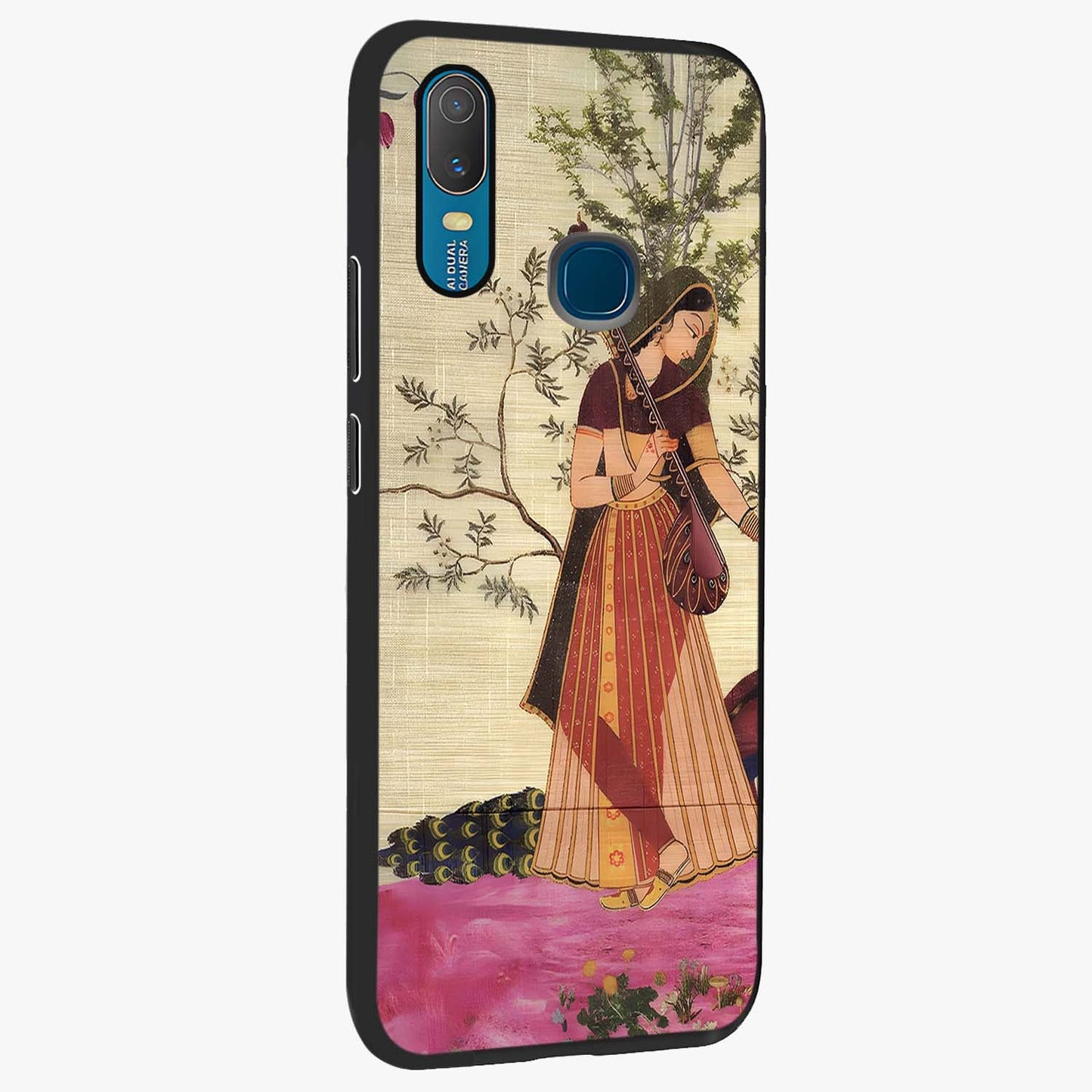 Lady With Veena Art Glass Case upright view showcasing classical veena artwork with traditional artistic theme.