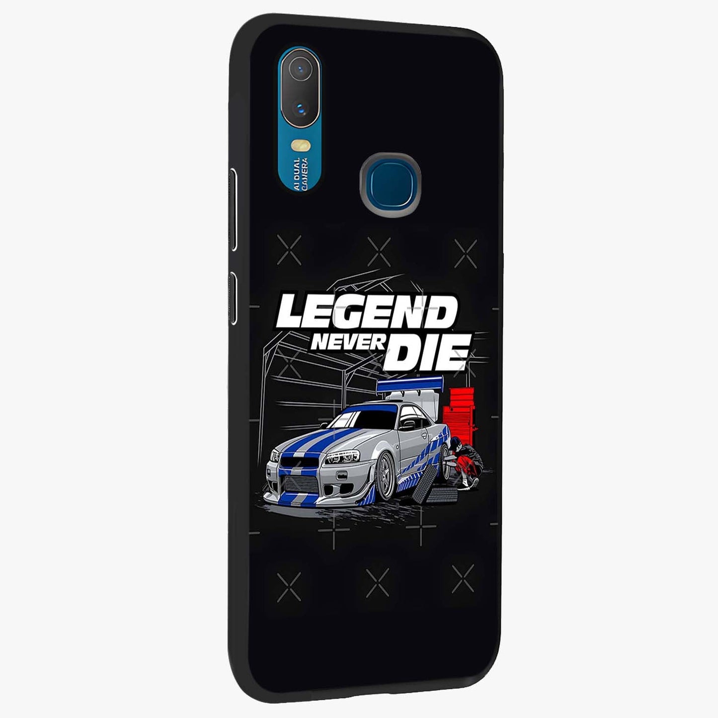 Midnight Racing Legacy Glass Case upright view showcasing powerful racing artwork with modern sports theme.
