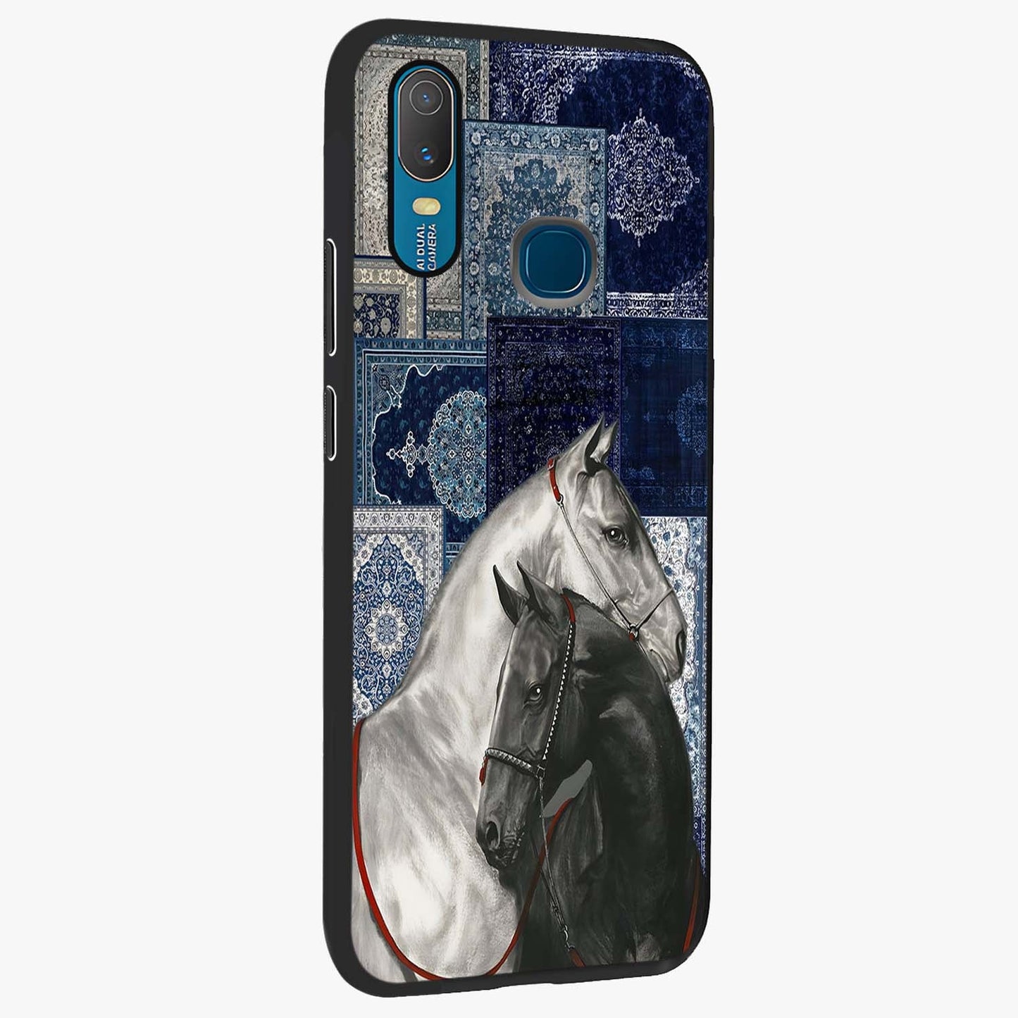 Midnight Stallion Blues Glass Case upright view showcasing dramatic horse artwork with bold artistic theme.