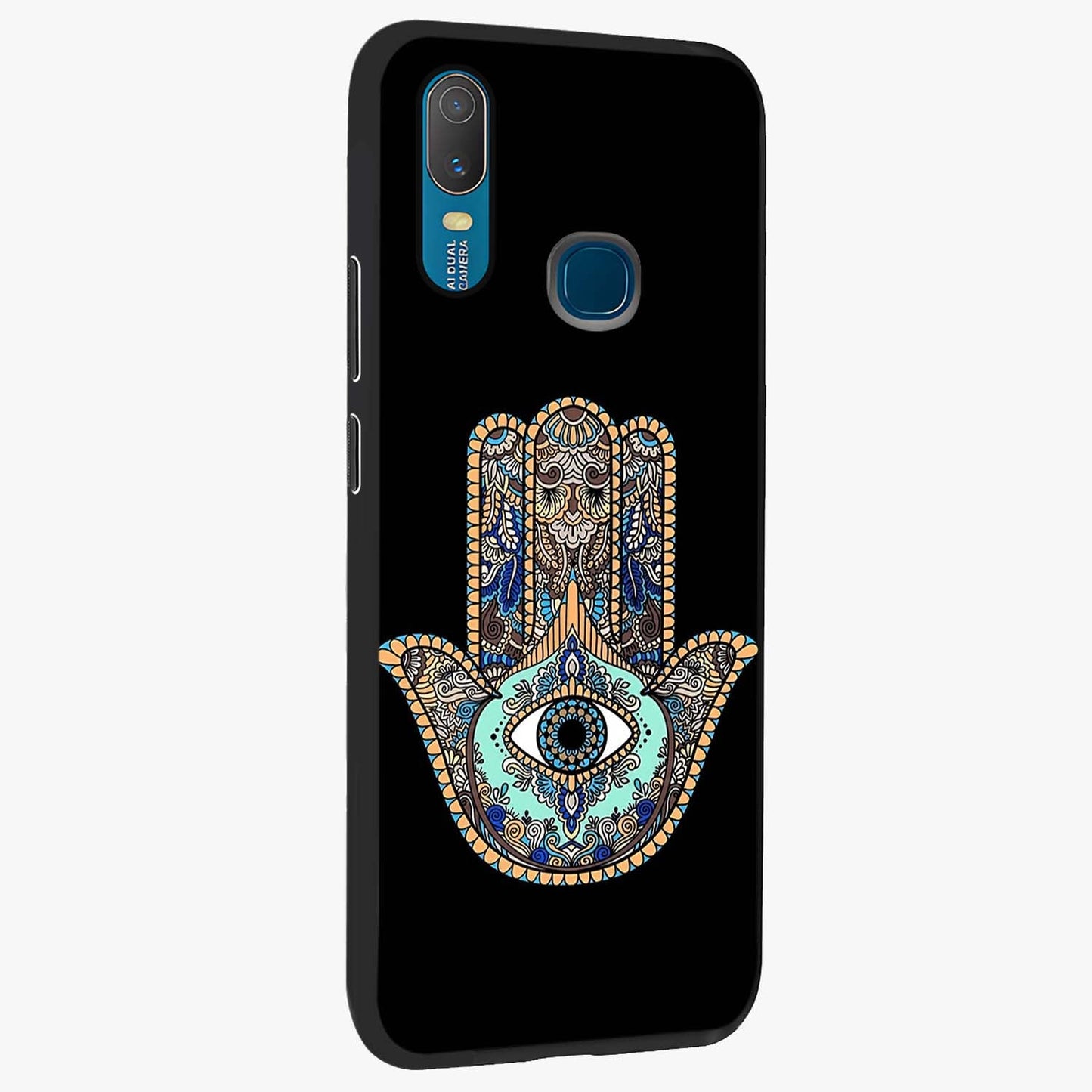 Mystic Hamsa Eye Glass Case upright view showcasing detailed hamsa eye artwork with protective spiritual theme.