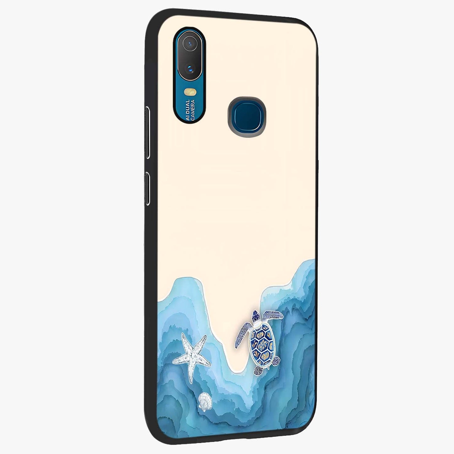 Ocean Drift Turtle Glass Case upright view showcasing calm underwater turtle artwork with nature inspired theme.