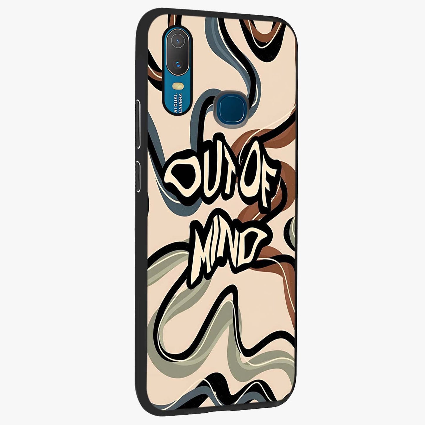Out Of Mind Glass Case upright view showcasing striking typography artwork with edgy conceptual theme.