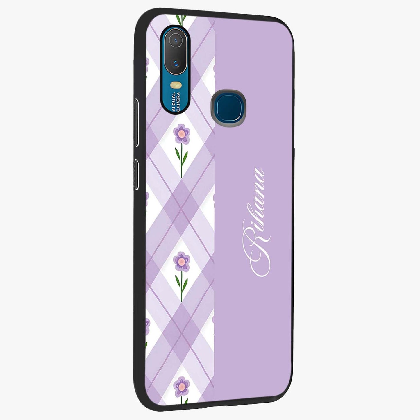 Purple Diamond Floral Glass Case upright view showcasing vibrant floral artwork with stylish geometric theme.