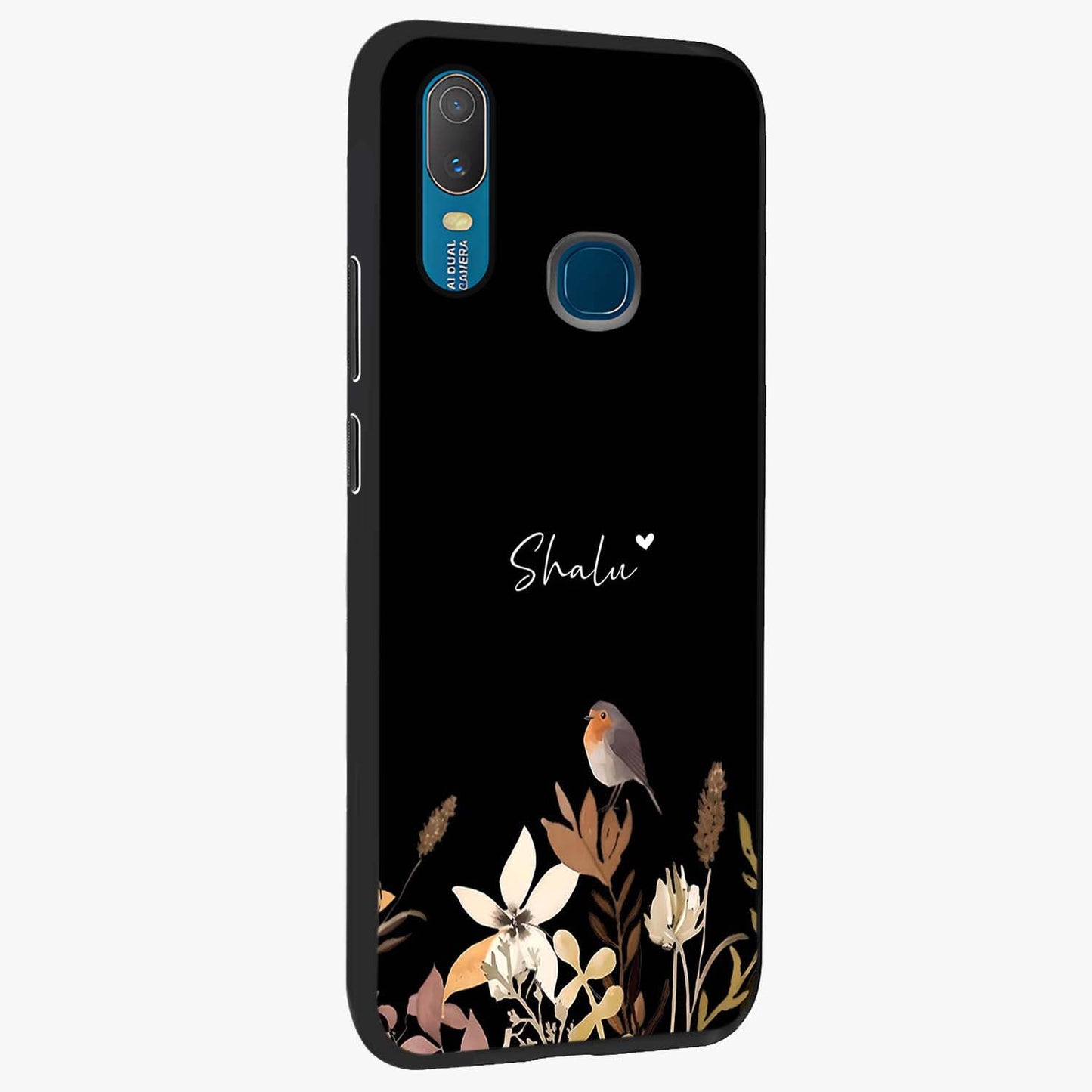 Quiet Garden Tune Custom Name Glass Case upright view showcasing serene botanical artwork with personalized aesthetic.