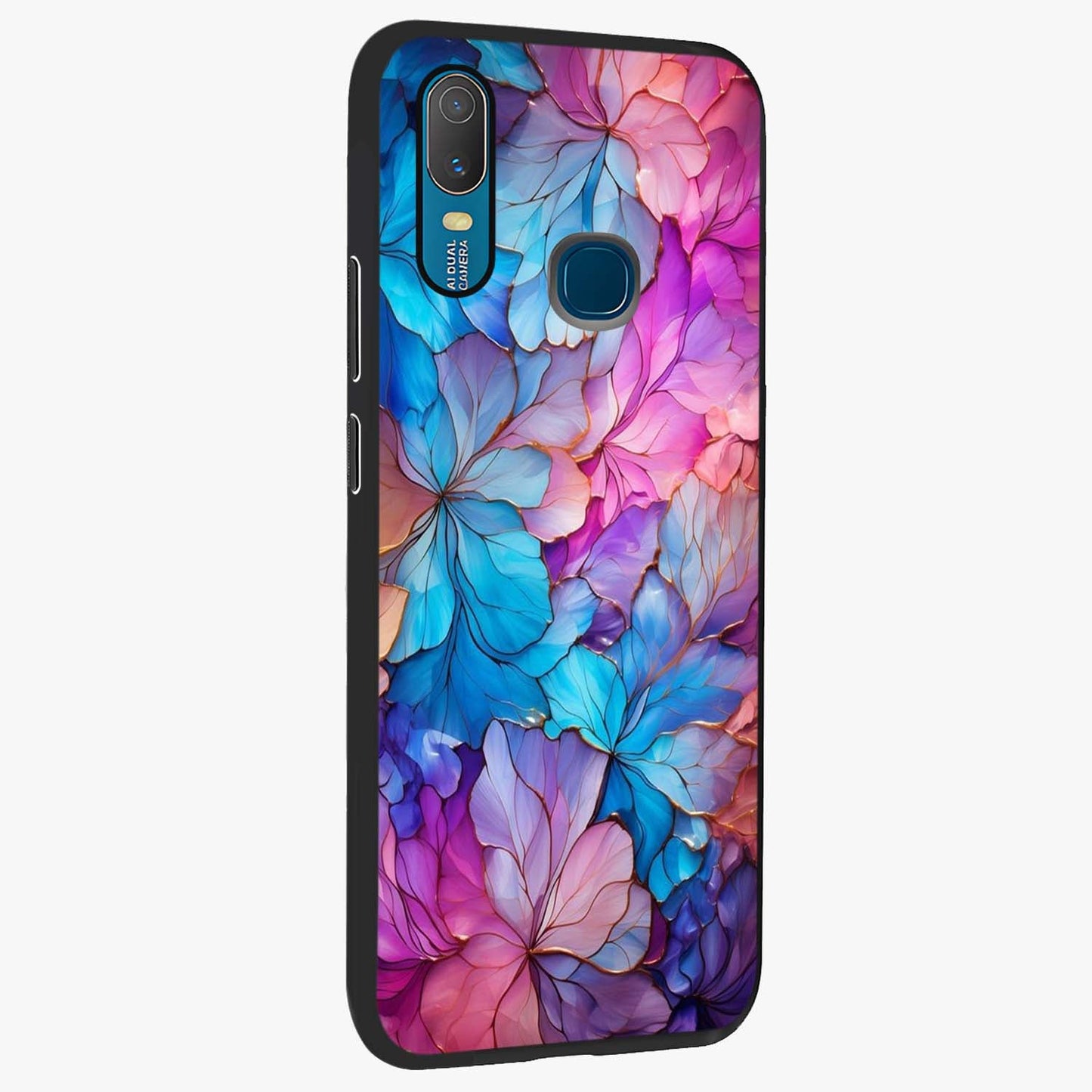 Radiant Floral Whirl Glass Case upright view showcasing lively floral artwork with decorative swirl theme.