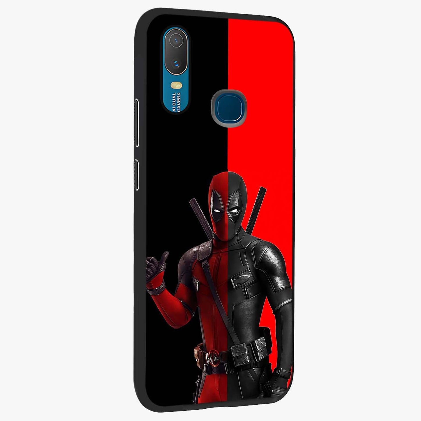 Red & Black Deadpool Theme Glass Case upright view showcasing energetic comic themed artwork with striking red and black design.