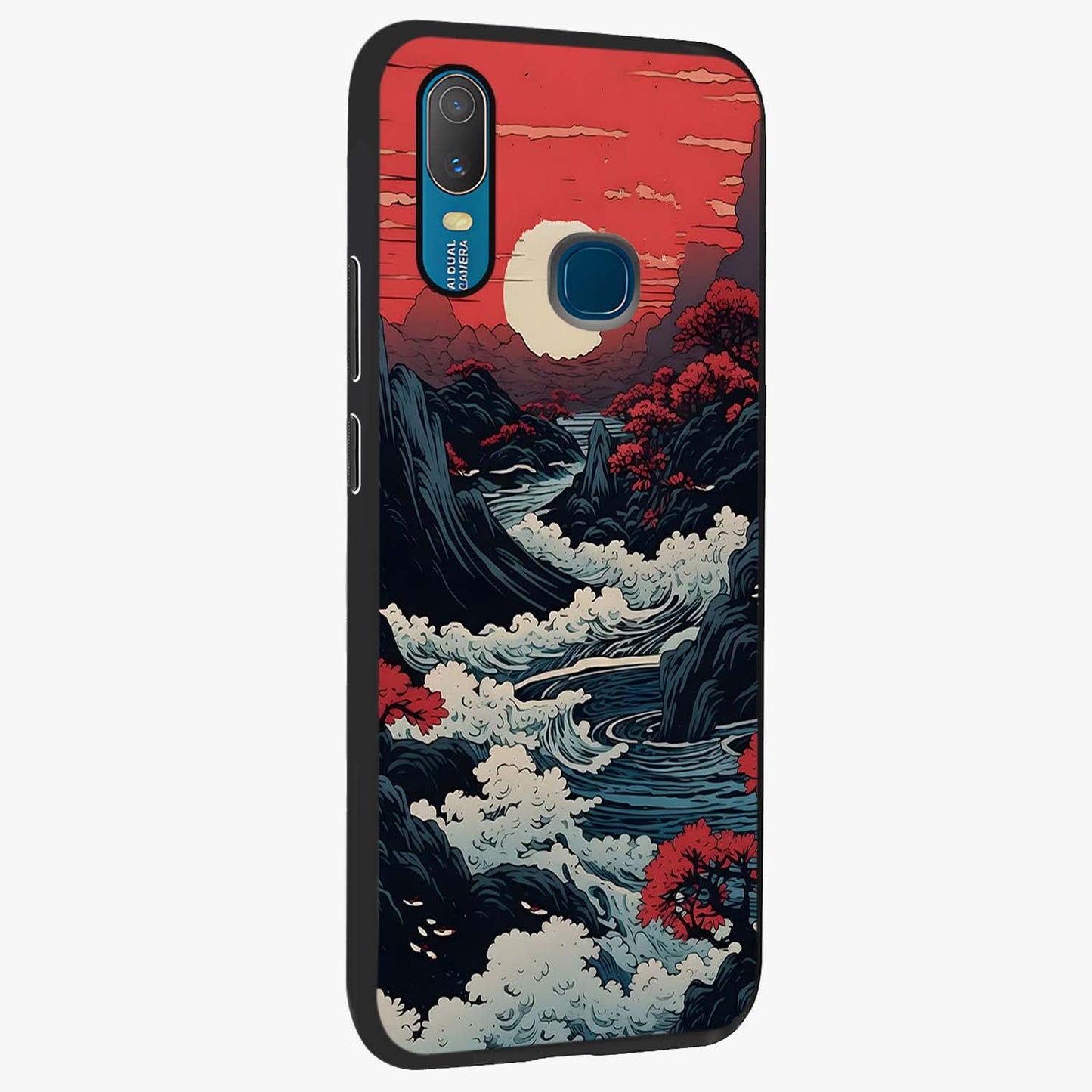 Red Sunset Scenery Glass Case upright view showcasing dramatic sunset scenery artwork with warm nature theme.