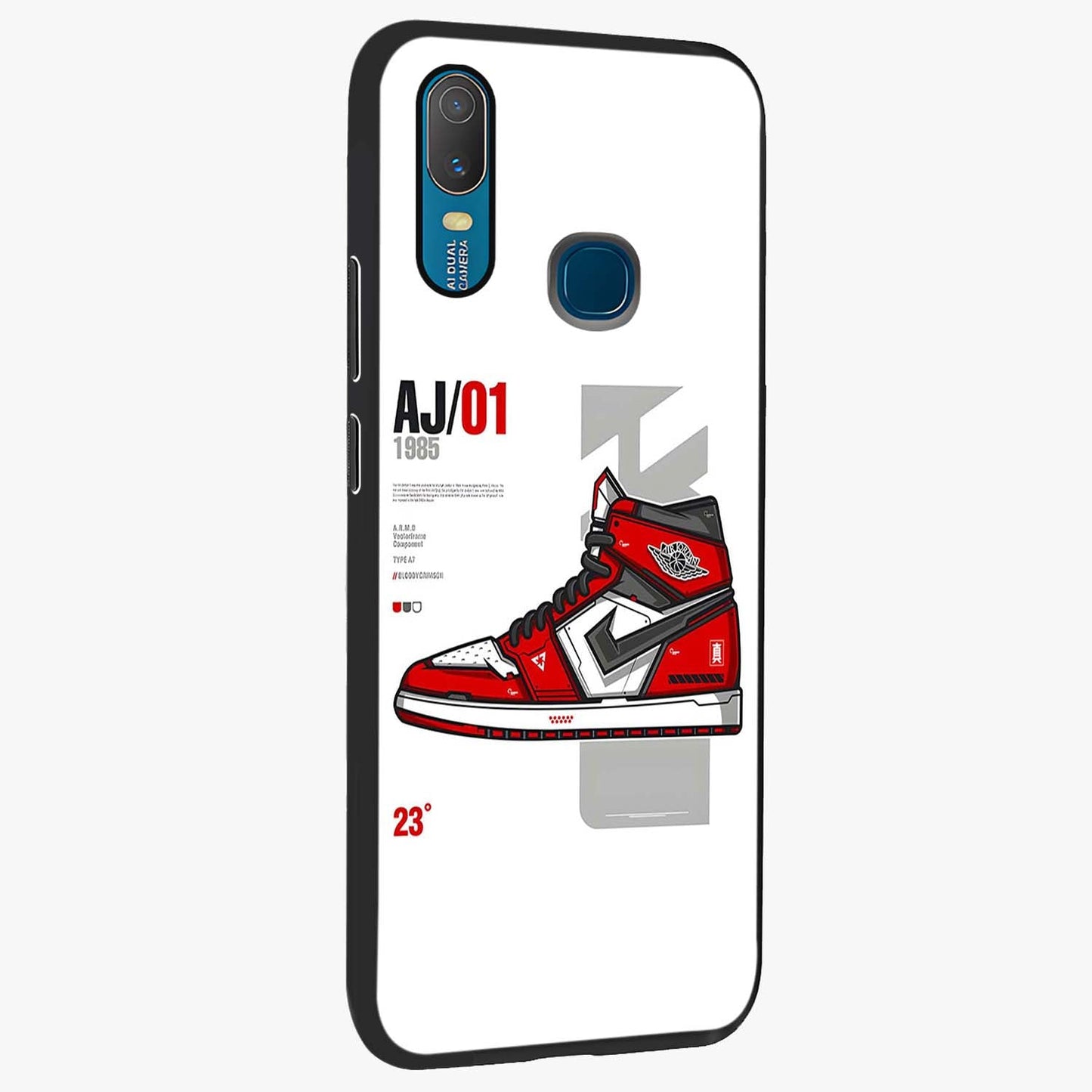 Retro Sneaker Blueprint Glass Case upright view showcasing stylish sneaker illustration with vintage streetwear theme.