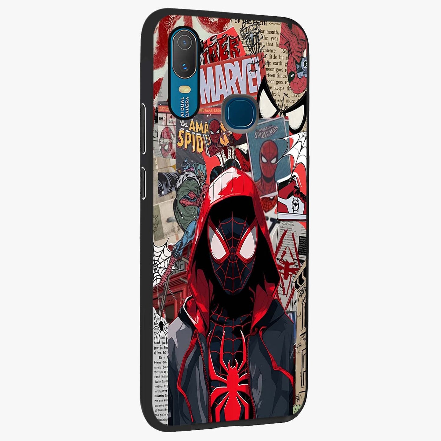 Spider Collage Street Glass Case upright view showcasing bold superhero artwork with urban street theme.