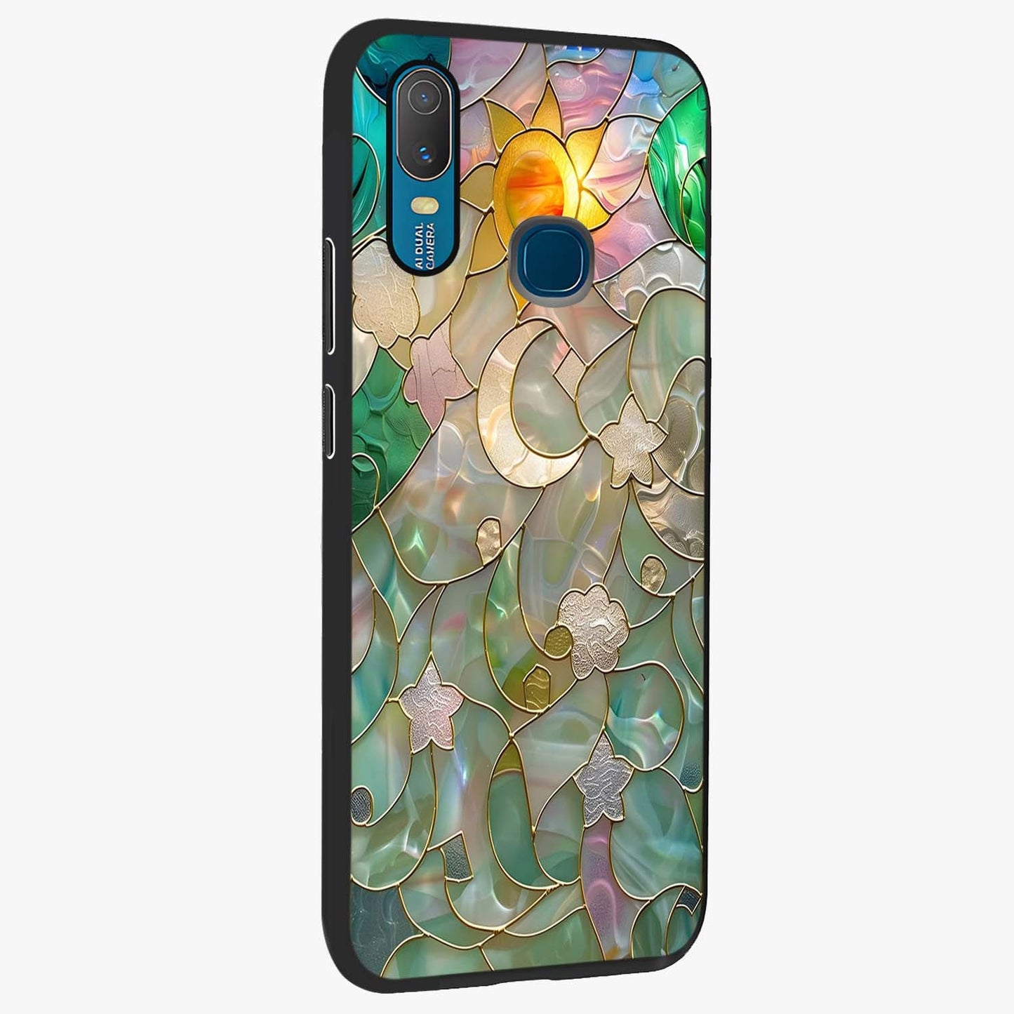 Stained Sunrise Glow Glass Case upright view showcasing colorful sunrise artwork with warm morning theme.