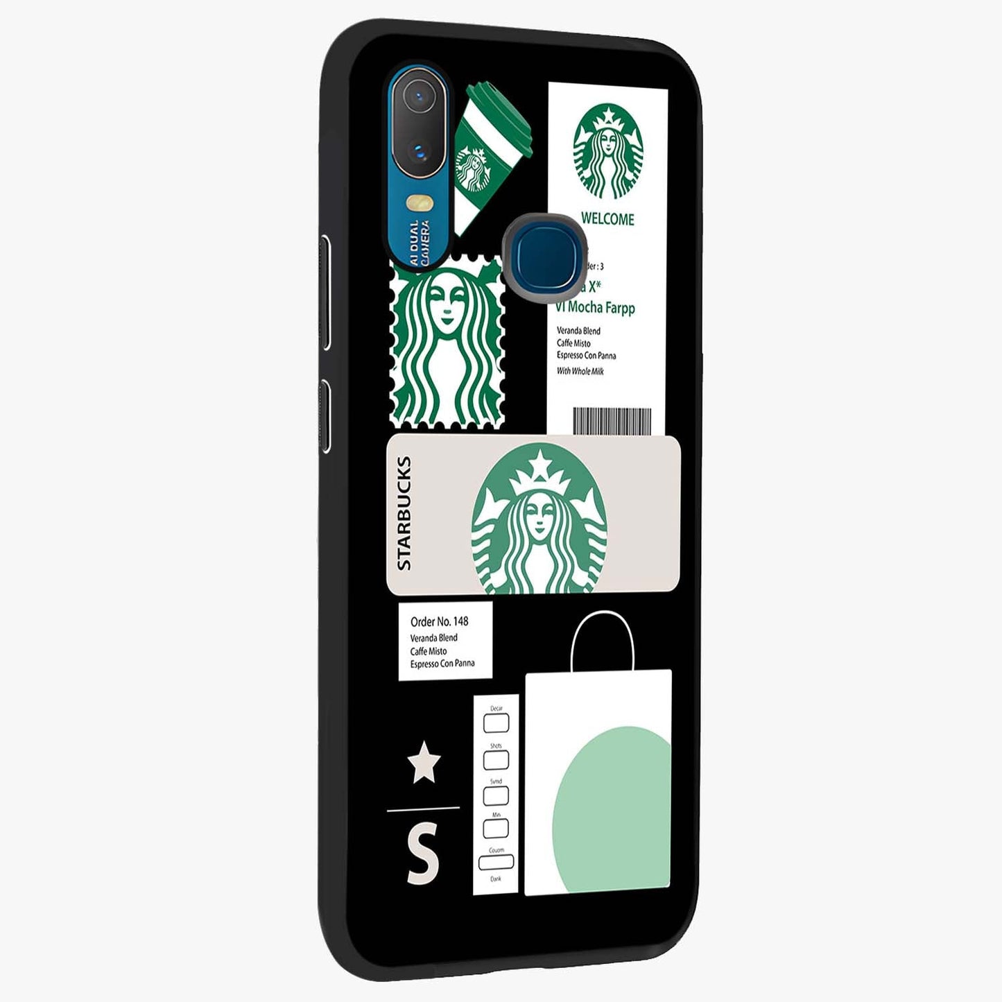 Starbucks Mocha Glass Case upright view showcasing trendy coffee inspired artwork with modern lifestyle theme.