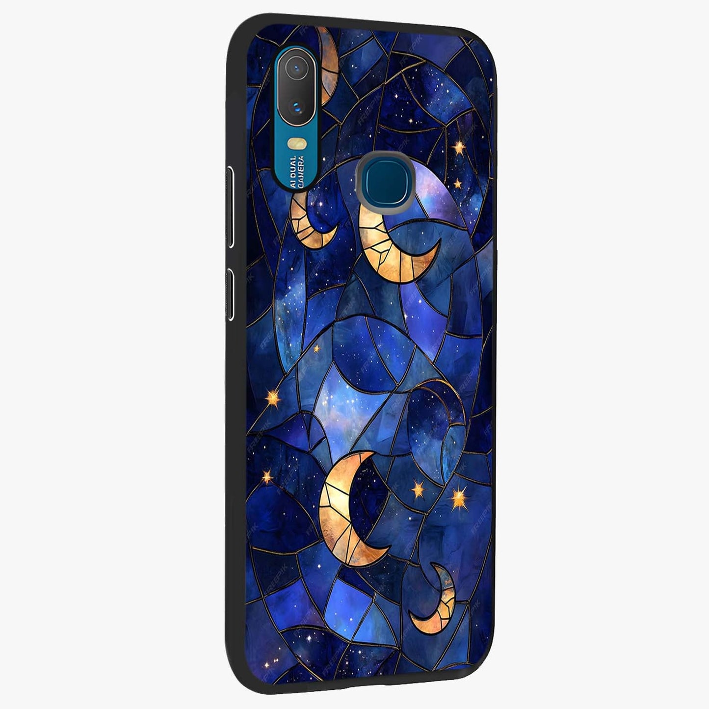Starlit Sky Tapestry Glass Case upright view showcasing elegant starry sky artwork with cosmic decorative theme.