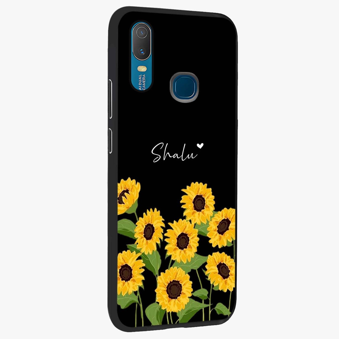 Sunflower Chic Mood Custom Name Glass Case upright view showcasing cheerful sunflower artwork with trendy floral theme.