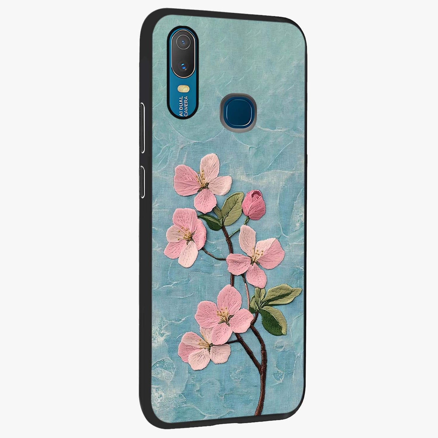 Threaded Blossom Breeze Glass Case upright view showcasing graceful flower artwork with calm botanical theme.