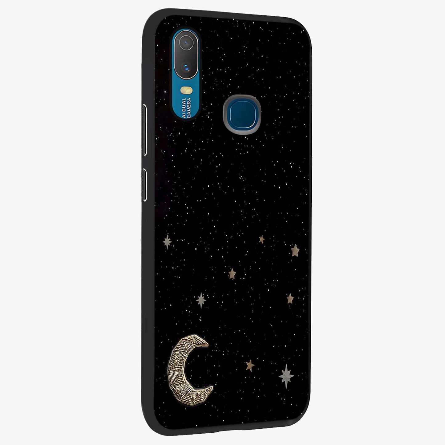 Twinkle Star With Half Moon Glass Case upright view showcasing glowing cosmic artwork with dreamy night theme.
