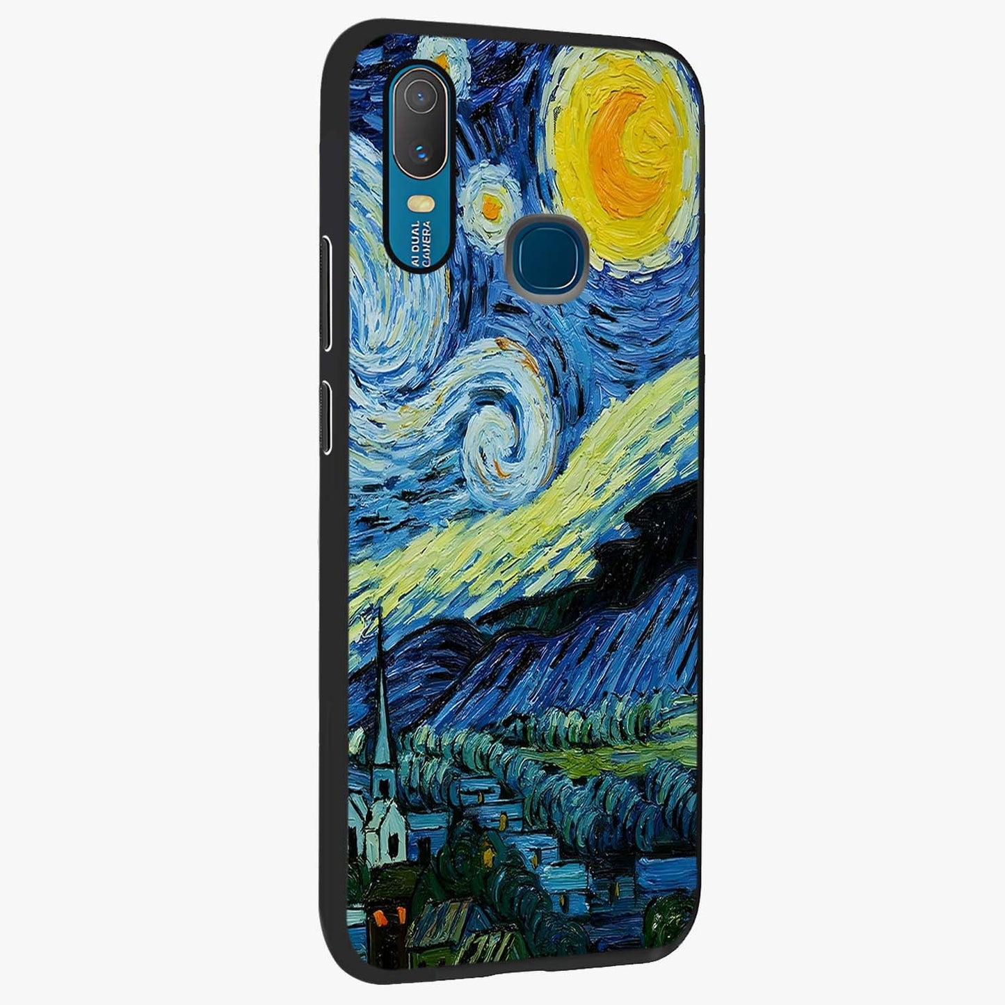 Van Gogh Art Glass Case upright view showcasing expressive painting style artwork with timeless artistic theme.