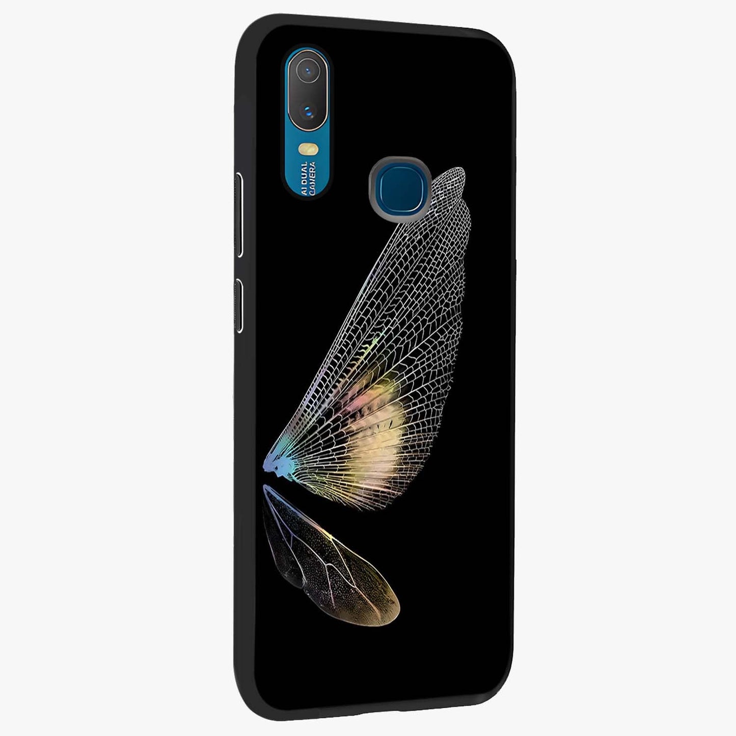 Whispers Of Wings Glass Case upright view showcasing elegant wing artwork with light airy theme.