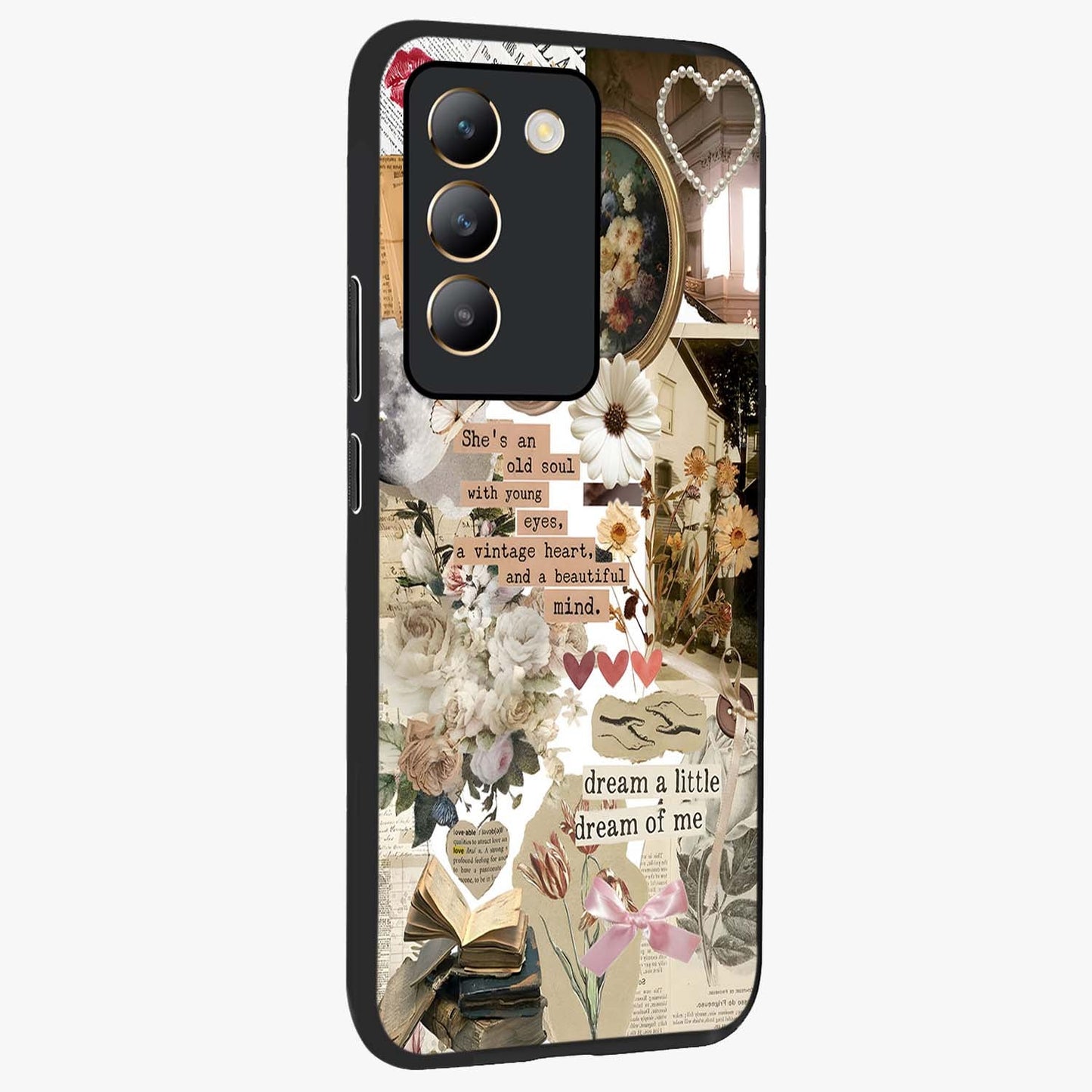Aesthetic Brown Vintage Collage Glass Case upright view showcasing nostalgic retro artwork with stylish vintage theme.