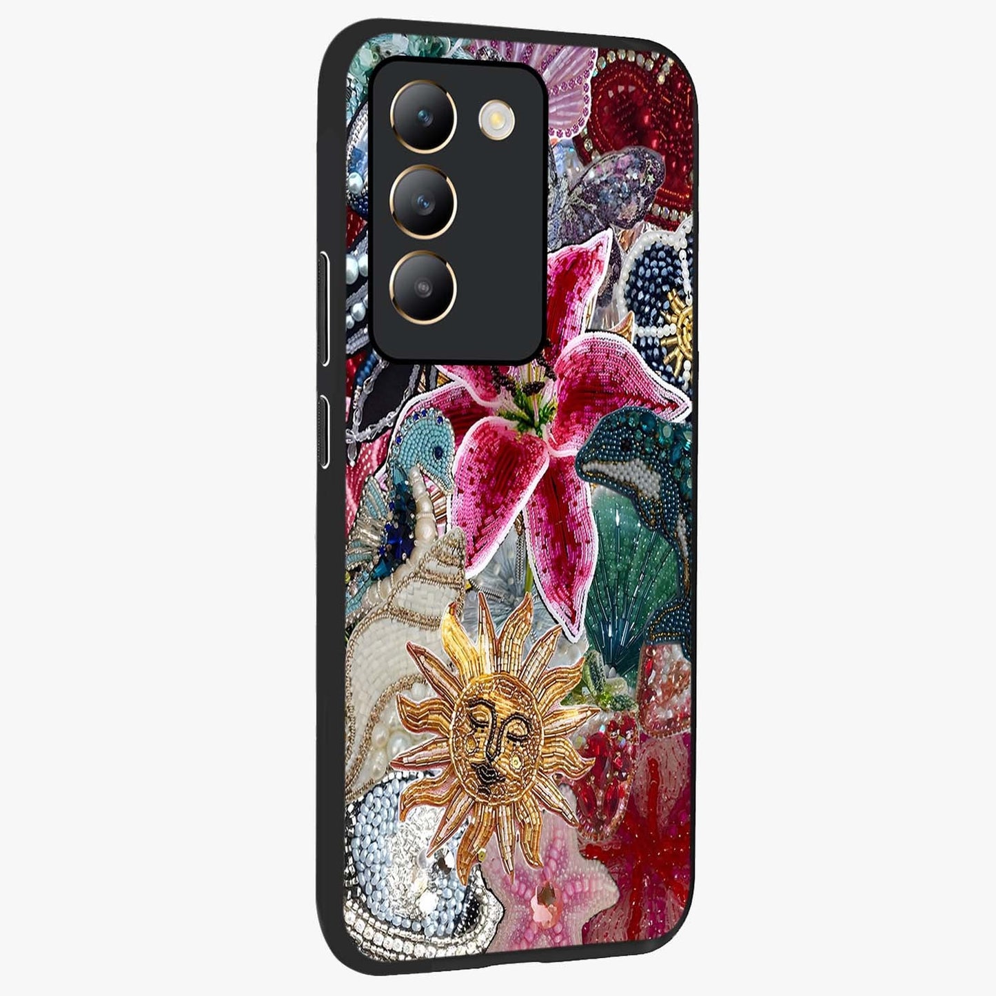 Beaded Garden Fantasy Glass Case upright view showcasing whimsical garden aesthetic with artistic bead details.