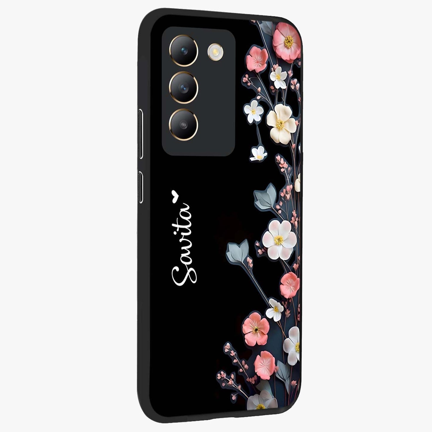 Black Elegance Floral Custom Name Glass Case upright view showcasing luxurious black floral design with personalized name detail.