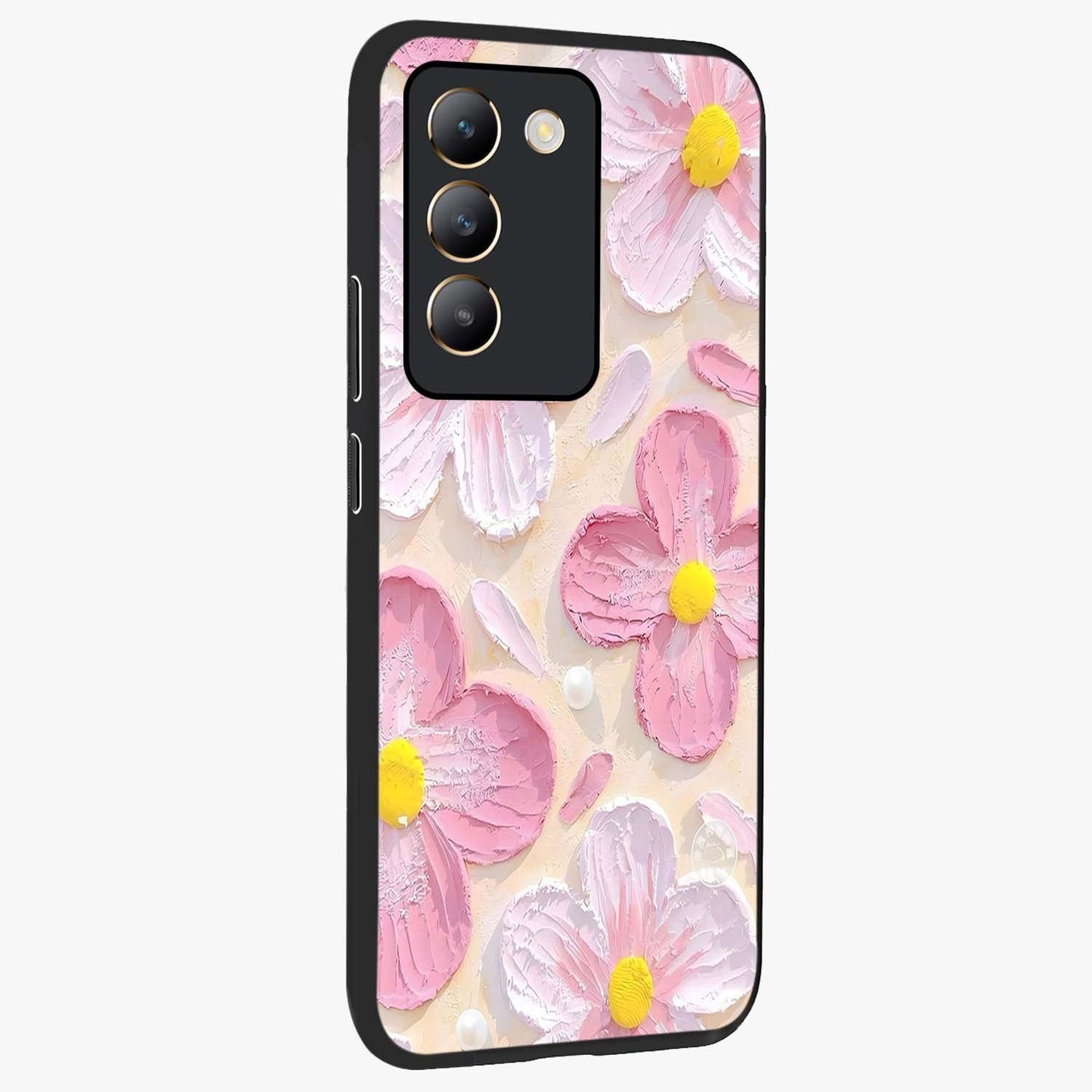 Blush Bloom Texture Glass Case upright view showcasing delicate blush floral texture with modern minimal style.