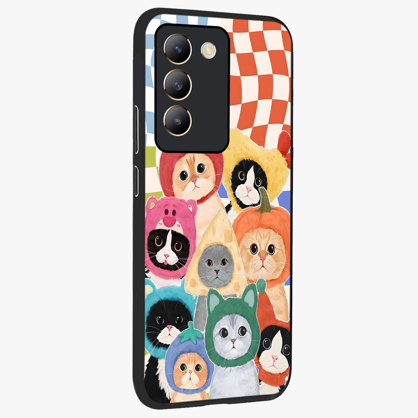 Cats in Fruits Glass Case upright view showcasing charming cat artwork with fun fruity theme.