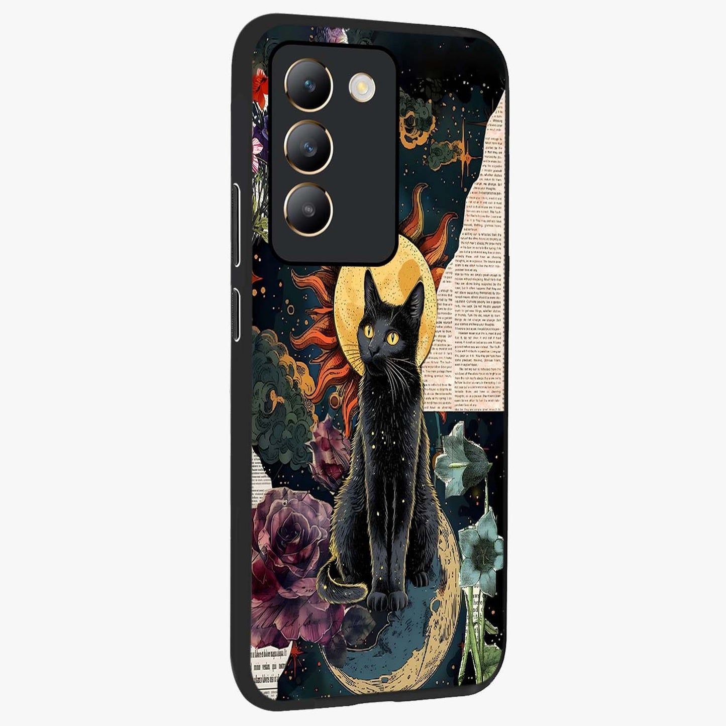 Celestial Black Cat Glass Case upright view showcasing magical black cat illustration with starry cosmic theme.