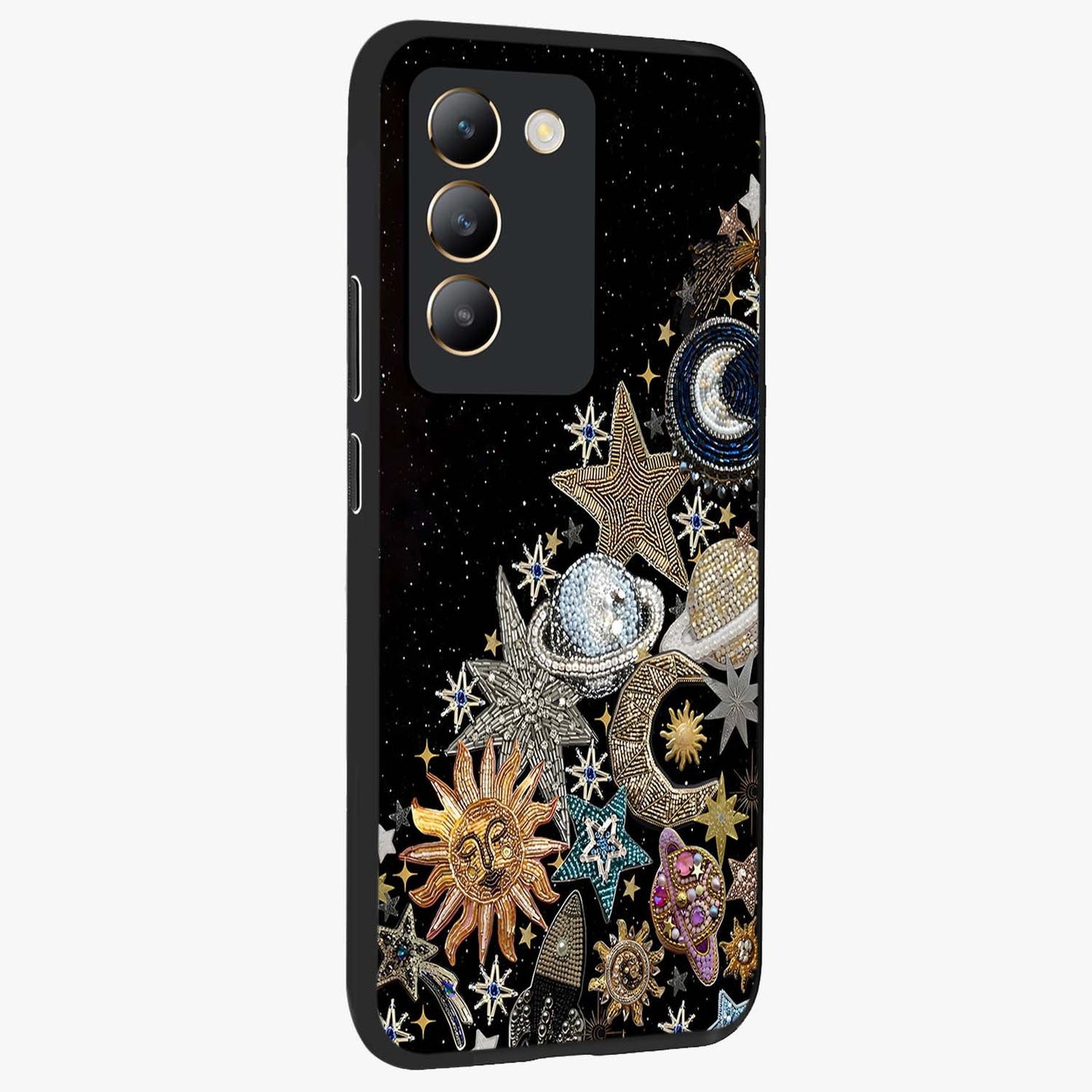 Cosmic Sparkle Dreams Glass Case upright view showcasing glowing cosmic artwork with magical galaxy theme.