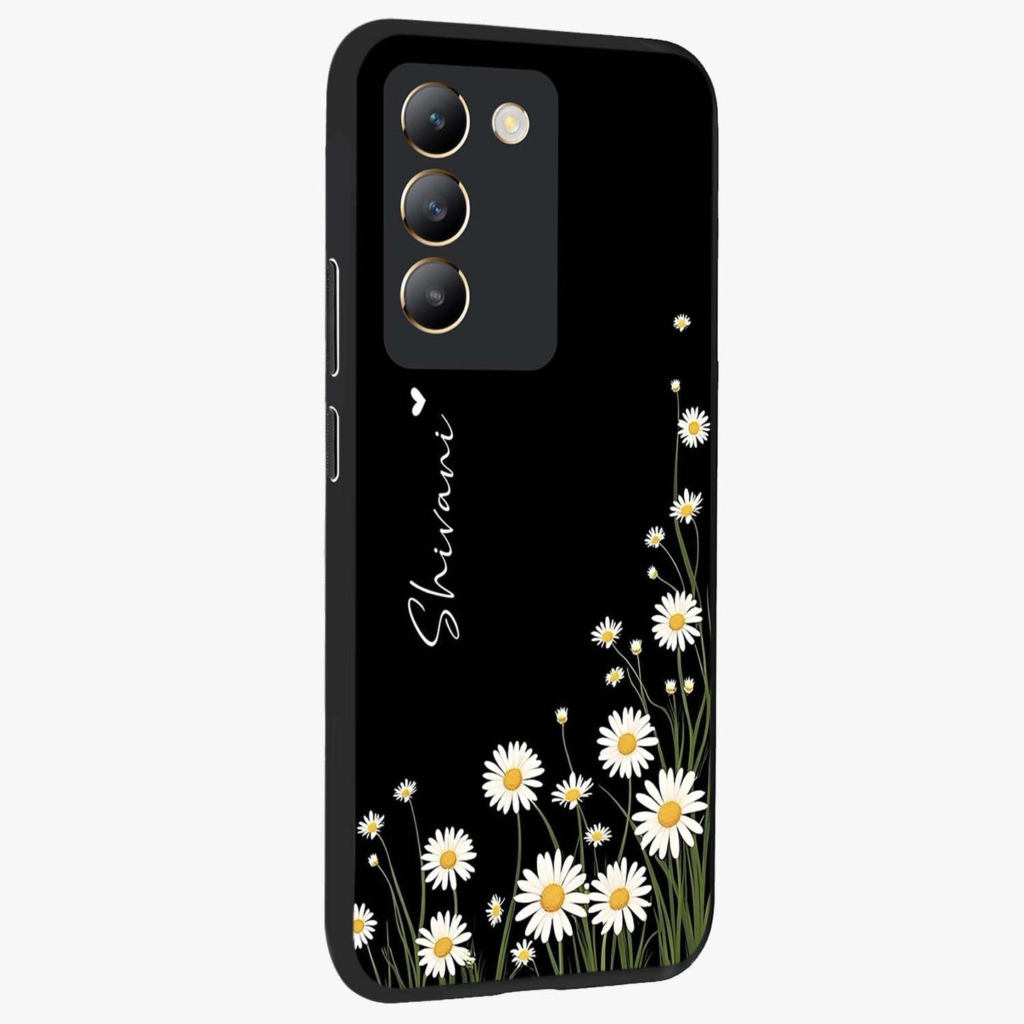 Daisy Cascade Custom Name Glass Case upright view showcasing elegant floral cascade design with personalized aesthetic.