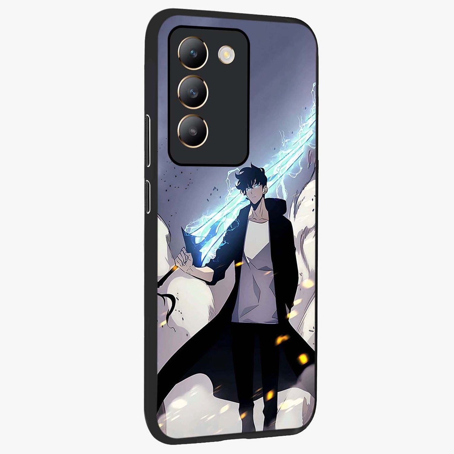 Dark Lightning Anime Warrior Glass Case upright view showcasing dramatic warrior artwork with dark lightning aesthetic.