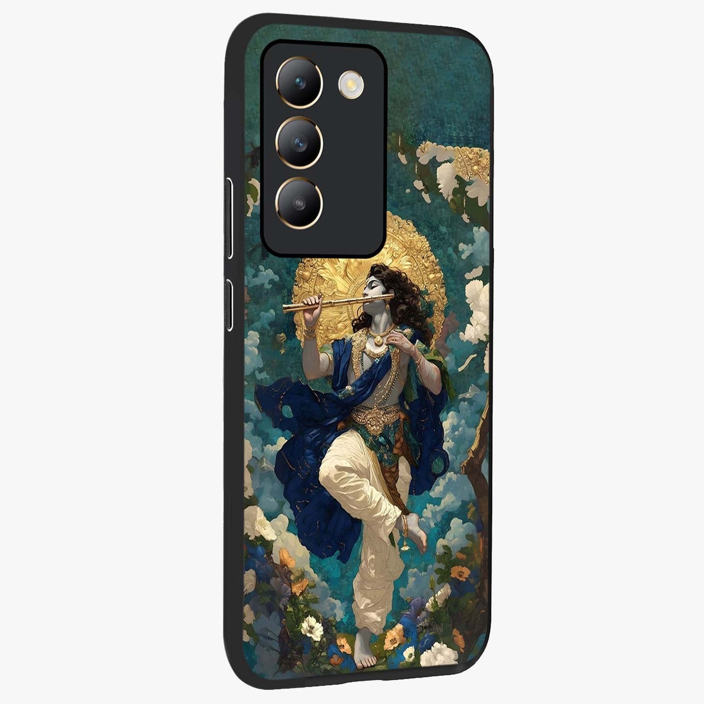 Divine Krishna Art Glass Case upright view showcasing divine Krishna artwork with sacred artistic theme.