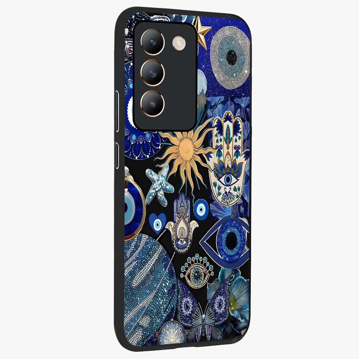 Evil Eye Charm Mix Glass Case upright view showcasing mystical evil eye pattern with vibrant decorative style.