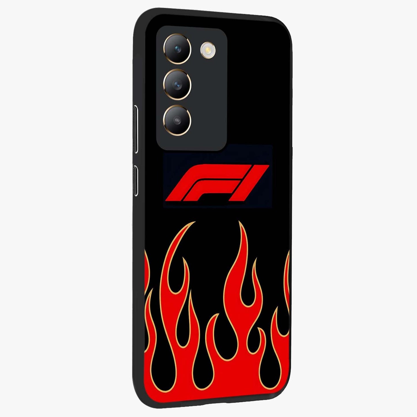 Fire F11 Glass Case upright view showcasing dynamic flame artwork with intense visual theme.