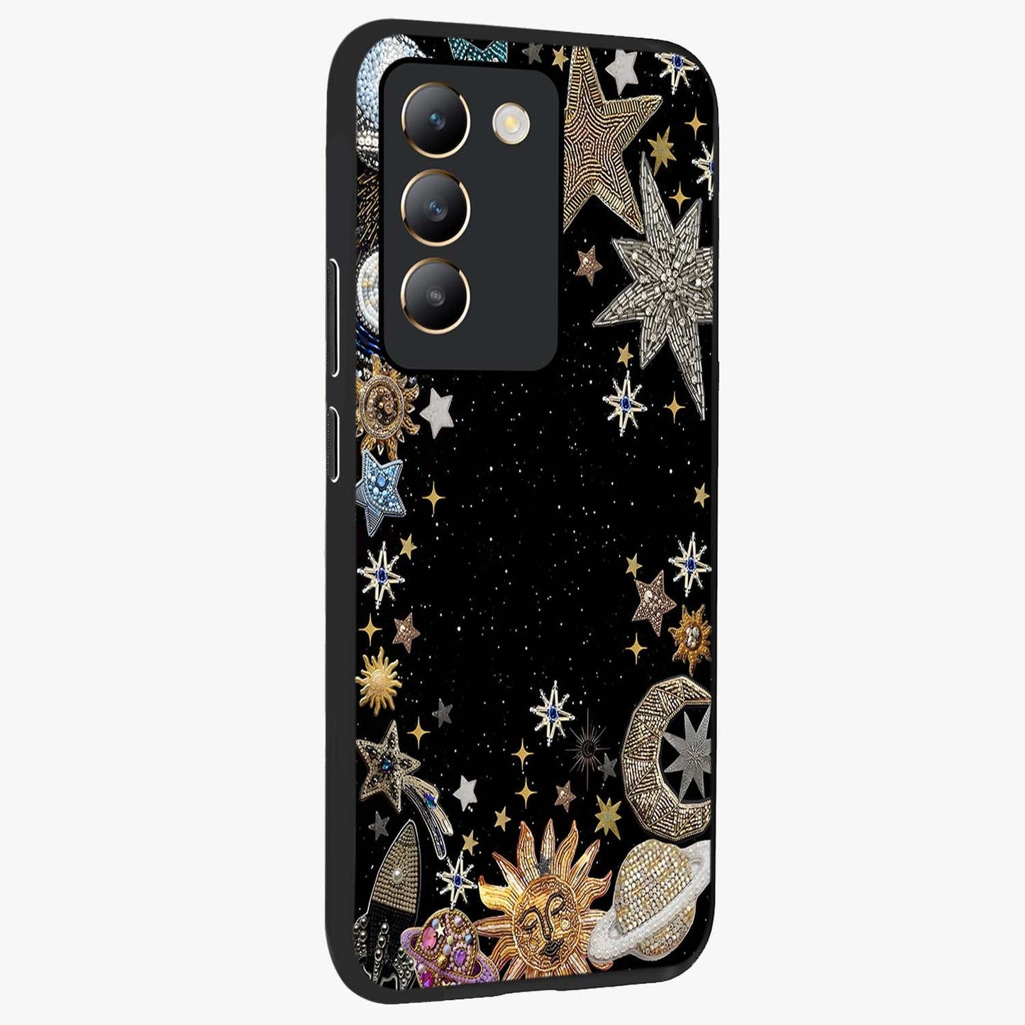 Galactic Jewel Stars Glass Case upright view showcasing glittering star jewel artwork with vibrant galaxy theme.