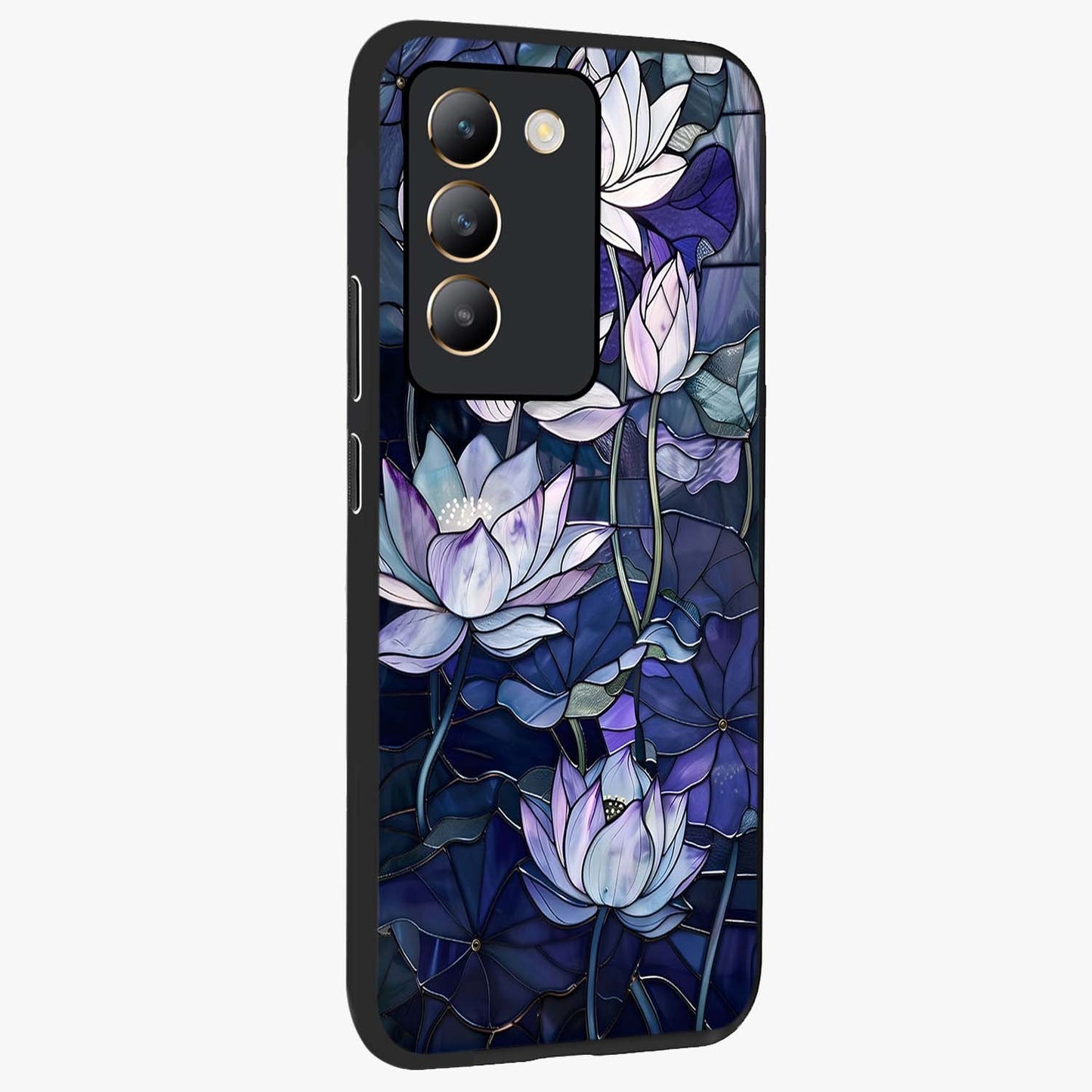 Gloss Petal Rush Glass Case upright view showcasing dynamic floral petal artwork with modern botanical theme.