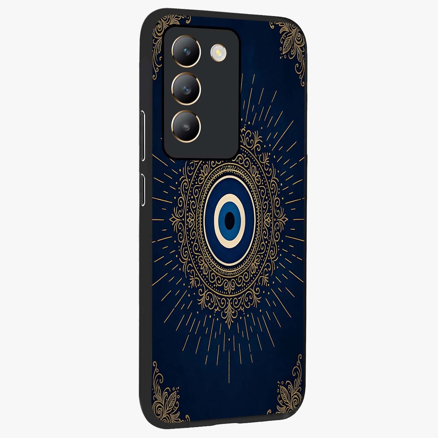 Golden Celestial Charm Glass Case upright view showcasing radiant celestial artwork with elegant golden theme.