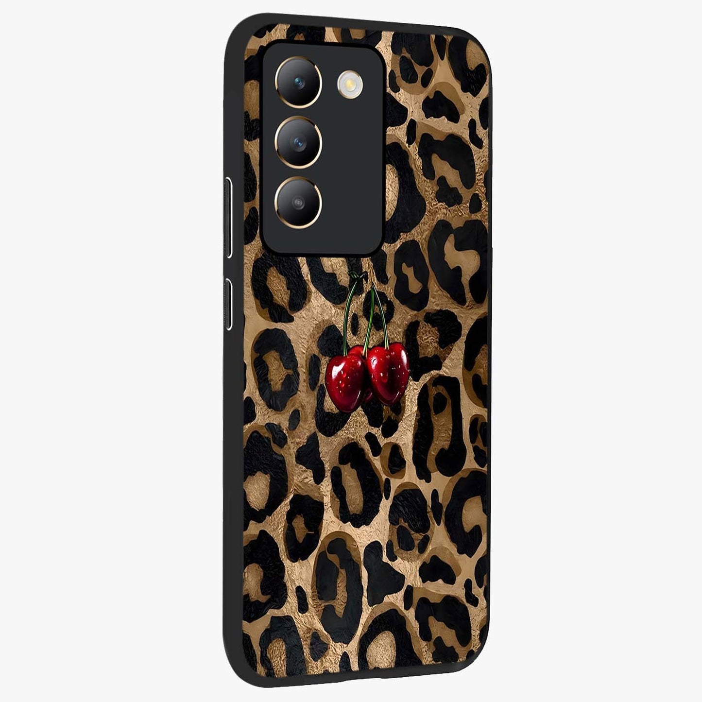 Leopard Wild Cherry Glass Case upright view showcasing stylish leopard pattern artwork with trendy fashion theme.