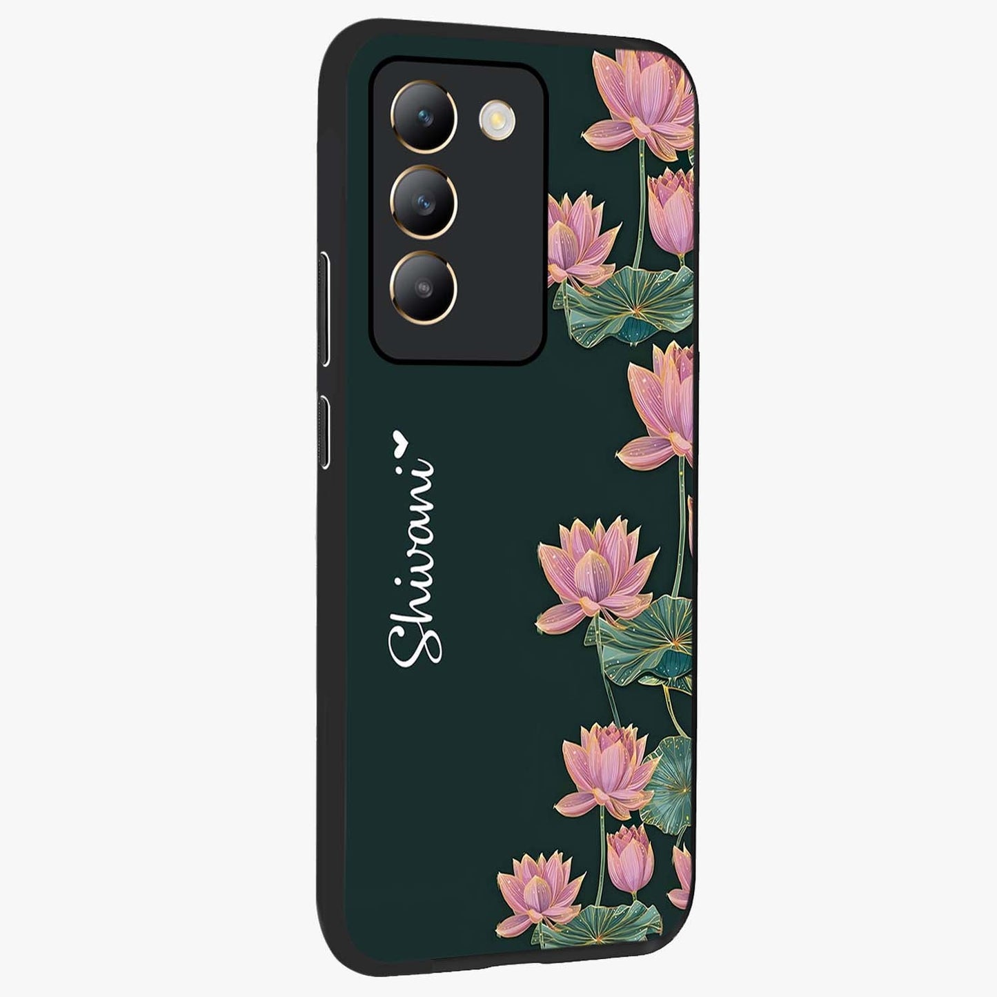 Lotus Bloom Serenity Custom Name Glass Case upright view showcasing serene lotus bloom artwork with personalized floral aesthetic.