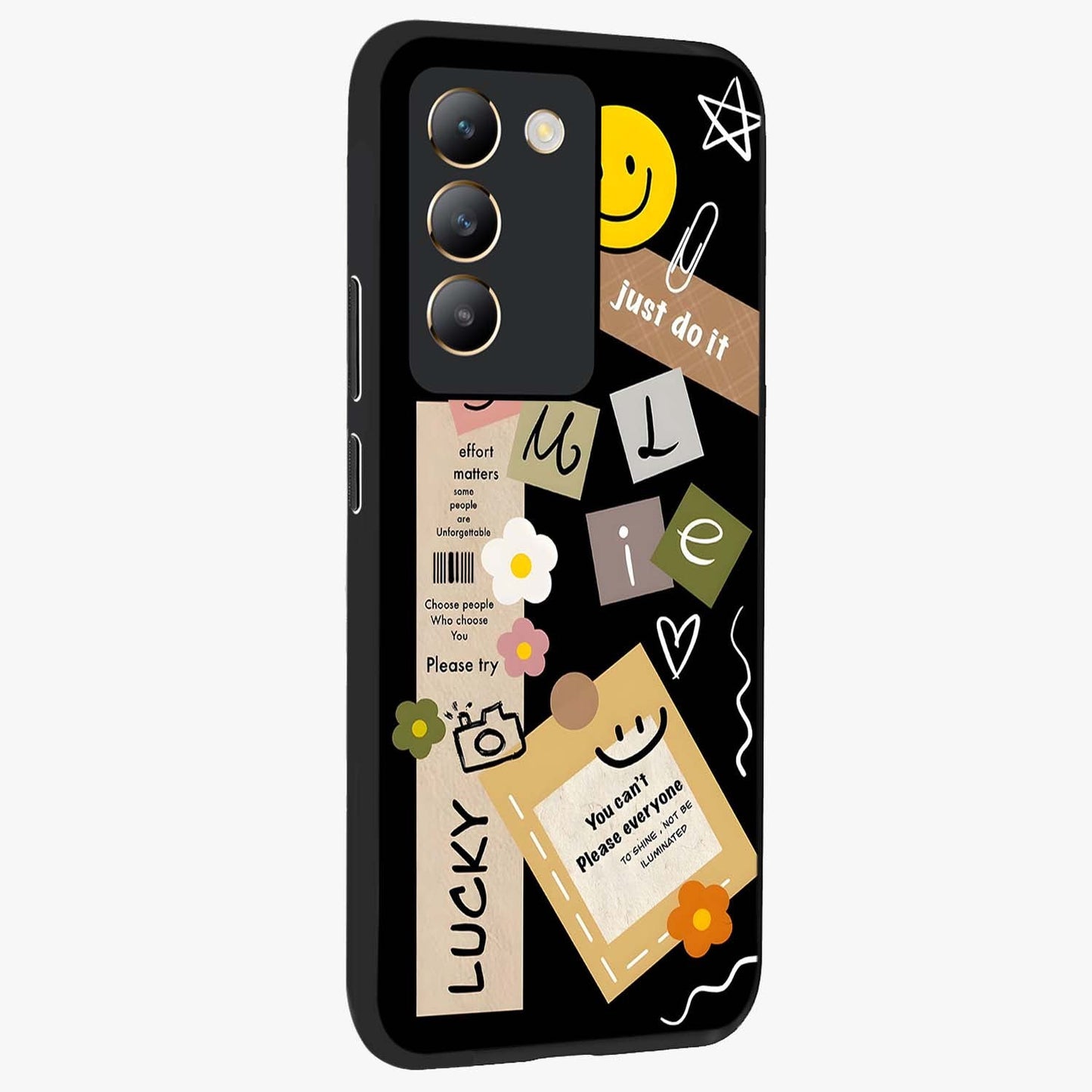 Lucky Aesthetic Collage Glass Case upright view showcasing vibrant collage artwork with youthful aesthetic theme.