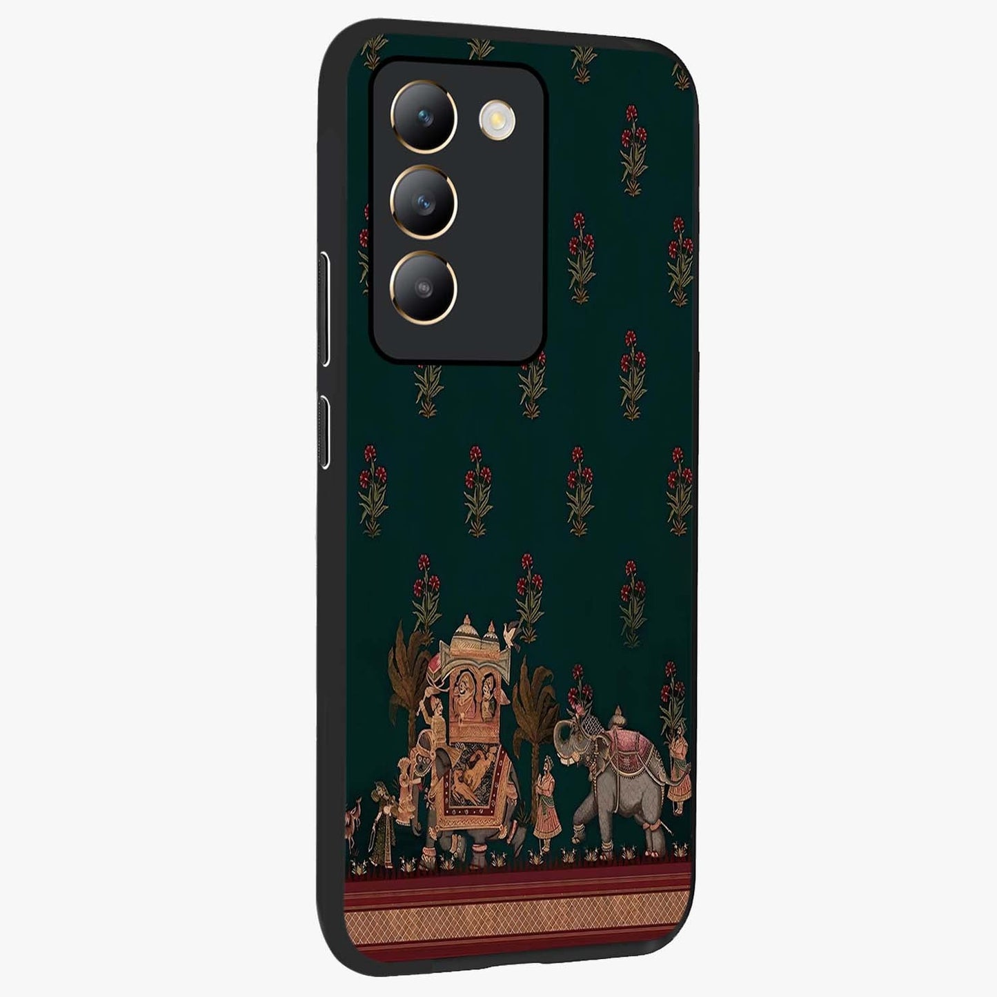 Macmerise Glass Case upright view showcasing bold artistic artwork with contemporary design theme.