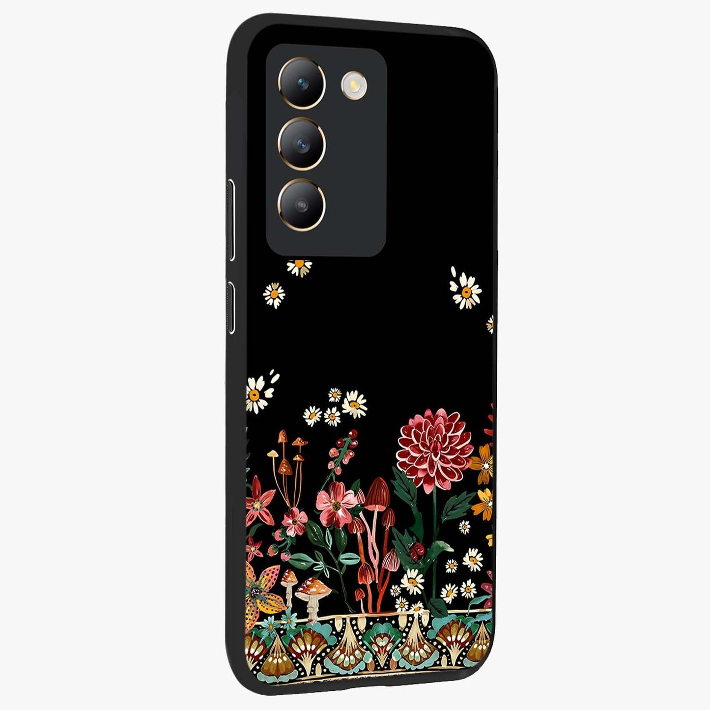 Midnight Bloom Pattern Glass Case upright view showcasing decorative floral artwork with deep night themed palette.