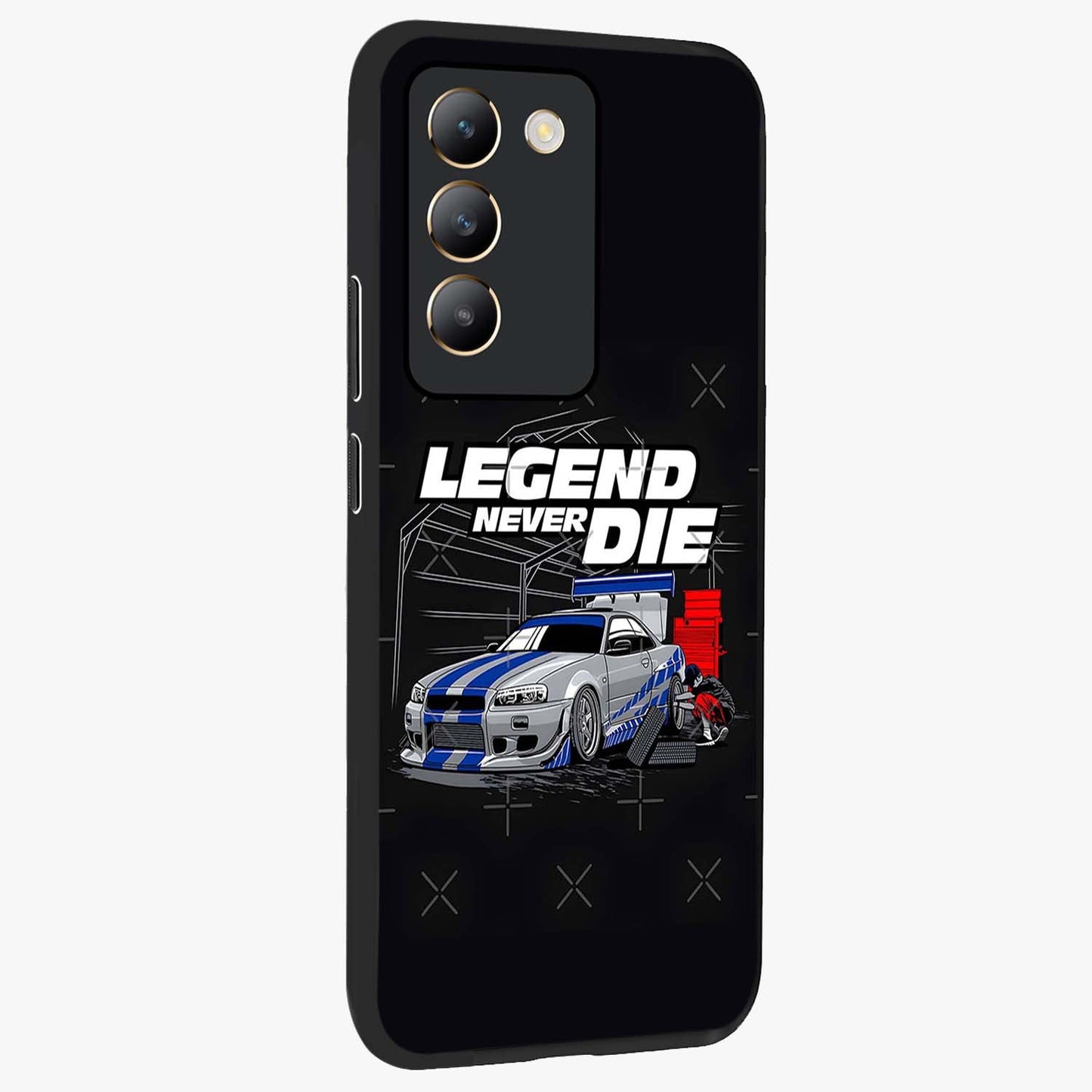 Midnight Racing Legacy Glass Case upright view showcasing powerful racing artwork with modern sports theme.
