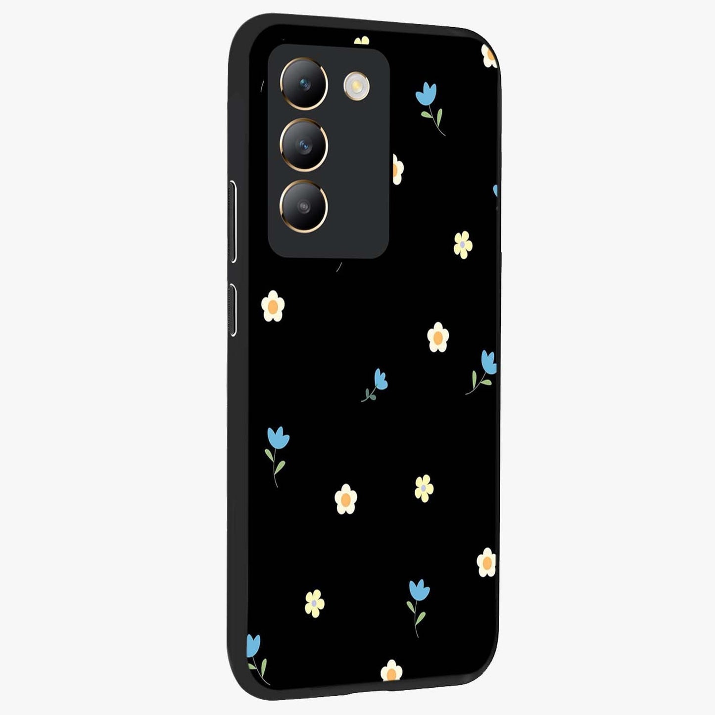 Minimal Petal Whispers Glass Case upright view showcasing elegant floral artwork with modern minimalist style.