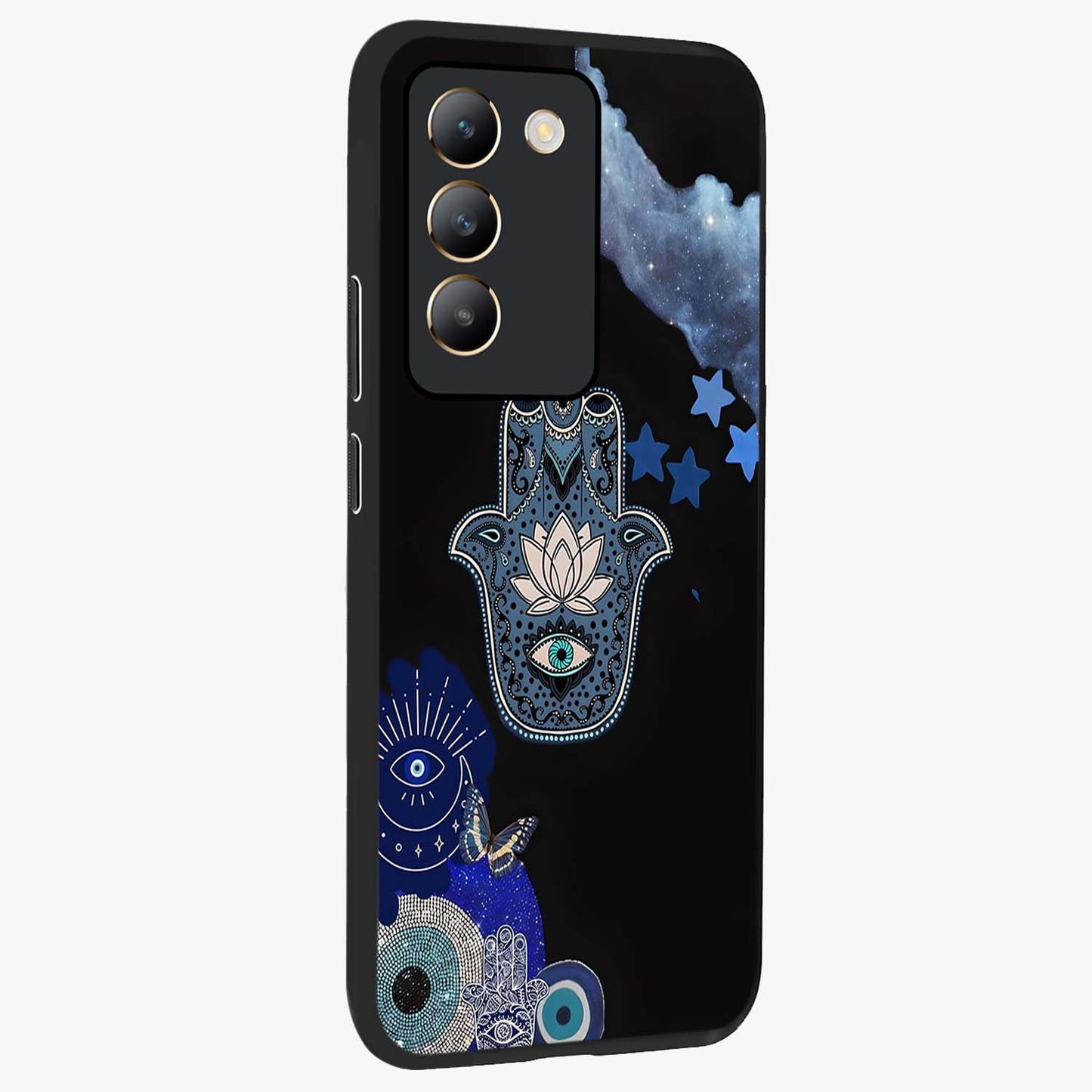 Mystic Hand Aura Glass Case upright view showcasing symbolic hand artwork with mystical energy theme.
