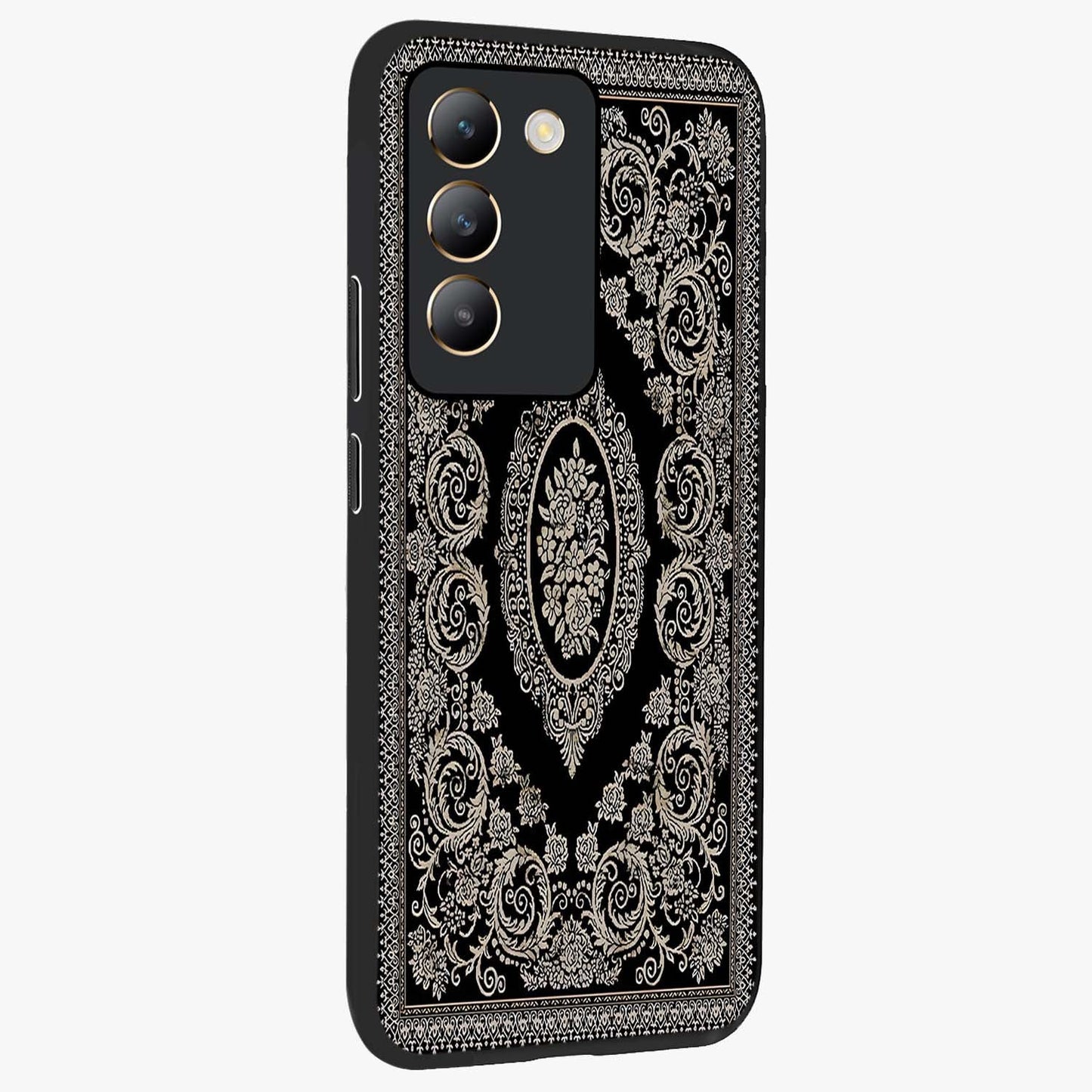 Noir Bloom Elegance Glass Case upright view showcasing graceful floral artwork with luxurious dark theme.