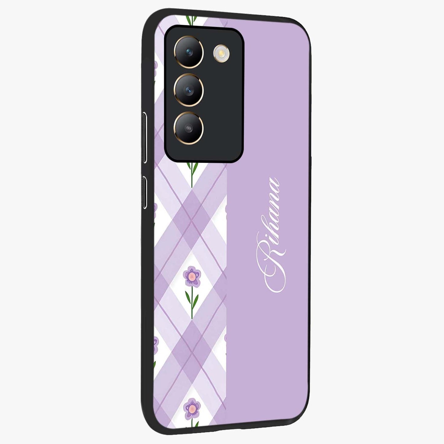Purple Diamond Floral Glass Case upright view showcasing vibrant floral artwork with stylish geometric theme.
